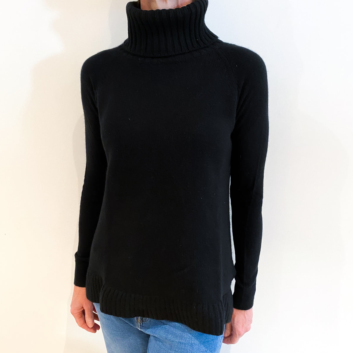 Black Cashmere Polo Neck Tunic Jumper Small