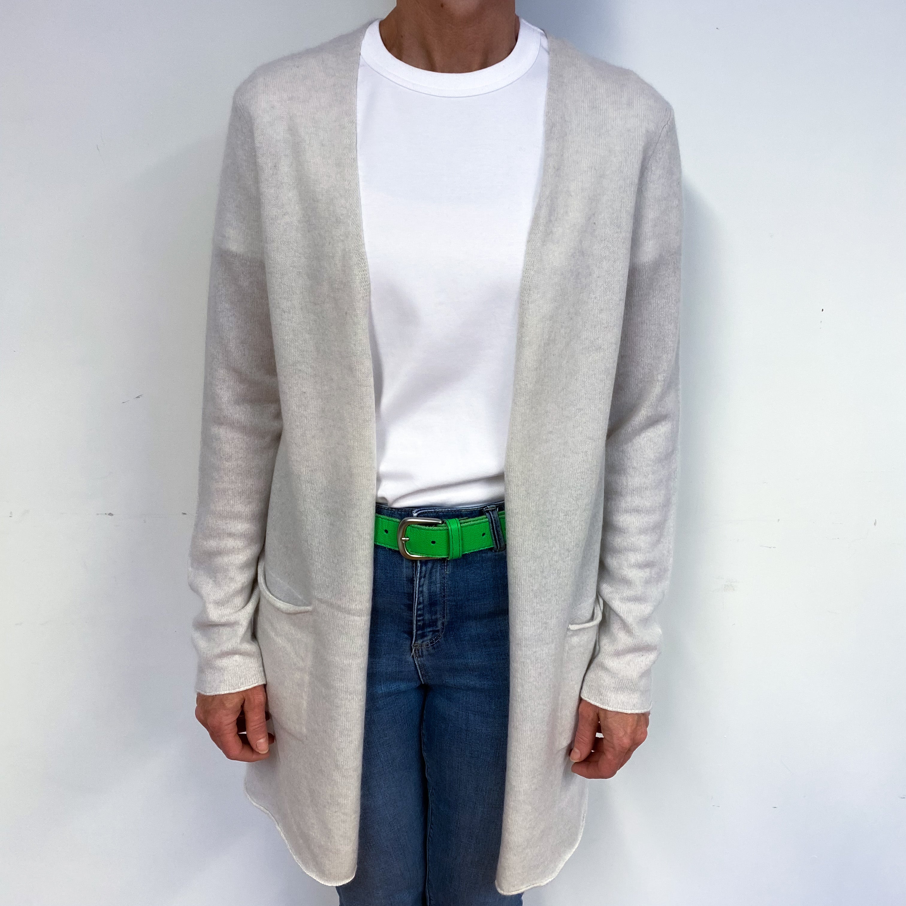 Palest Frost Grey Cashmere Edge to Edge Cardigan Medium