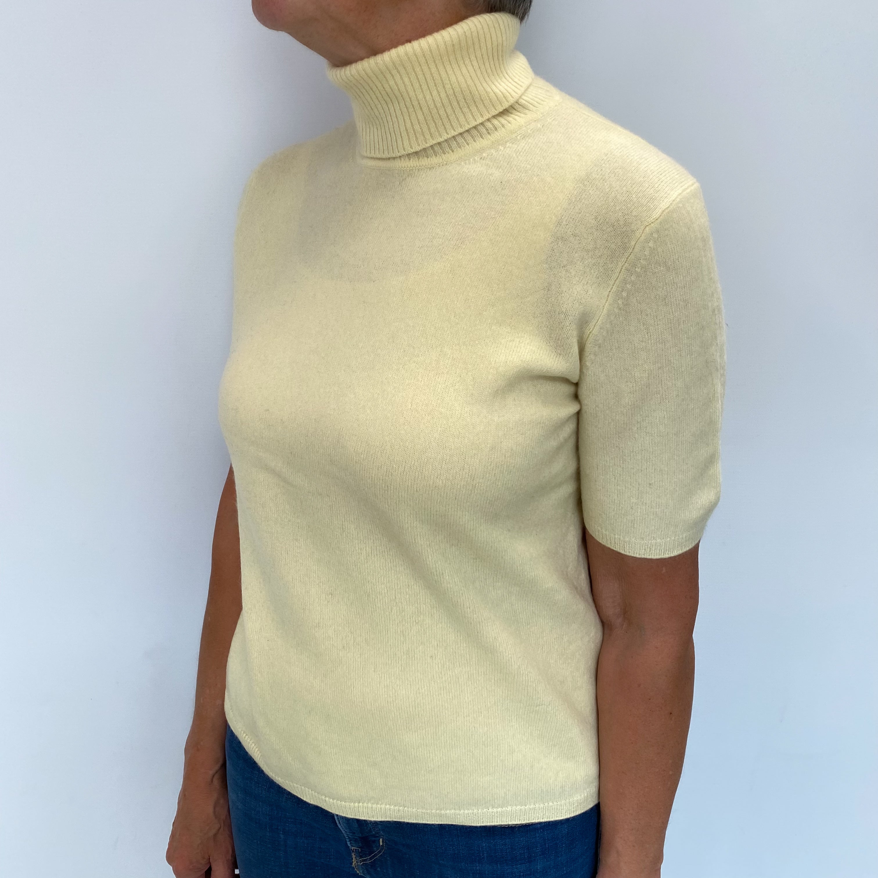 Primrose Yellow Cashmere Short Sleeved Polo Neck Jumper Medium