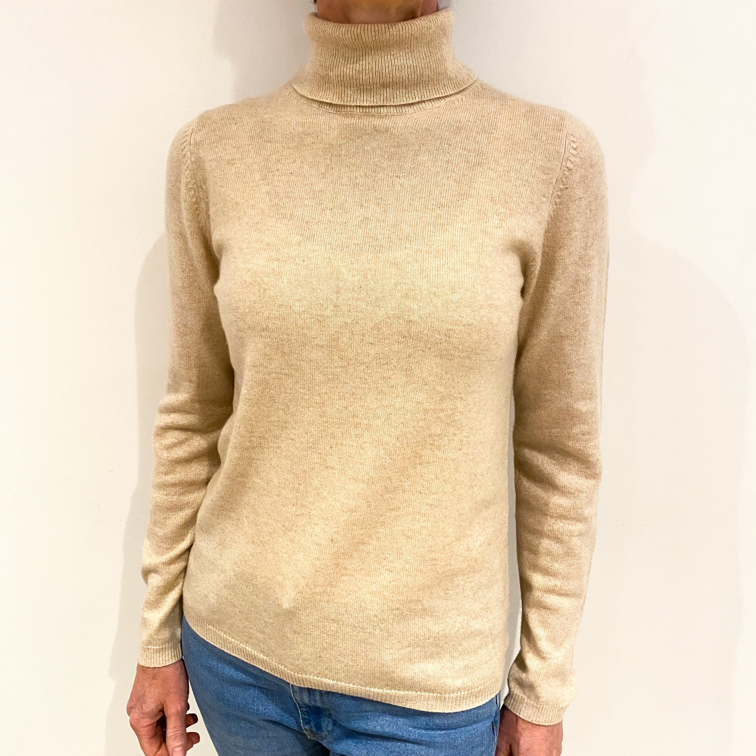 Oatmeal Beige Cashmere Polo Neck Jumper Small