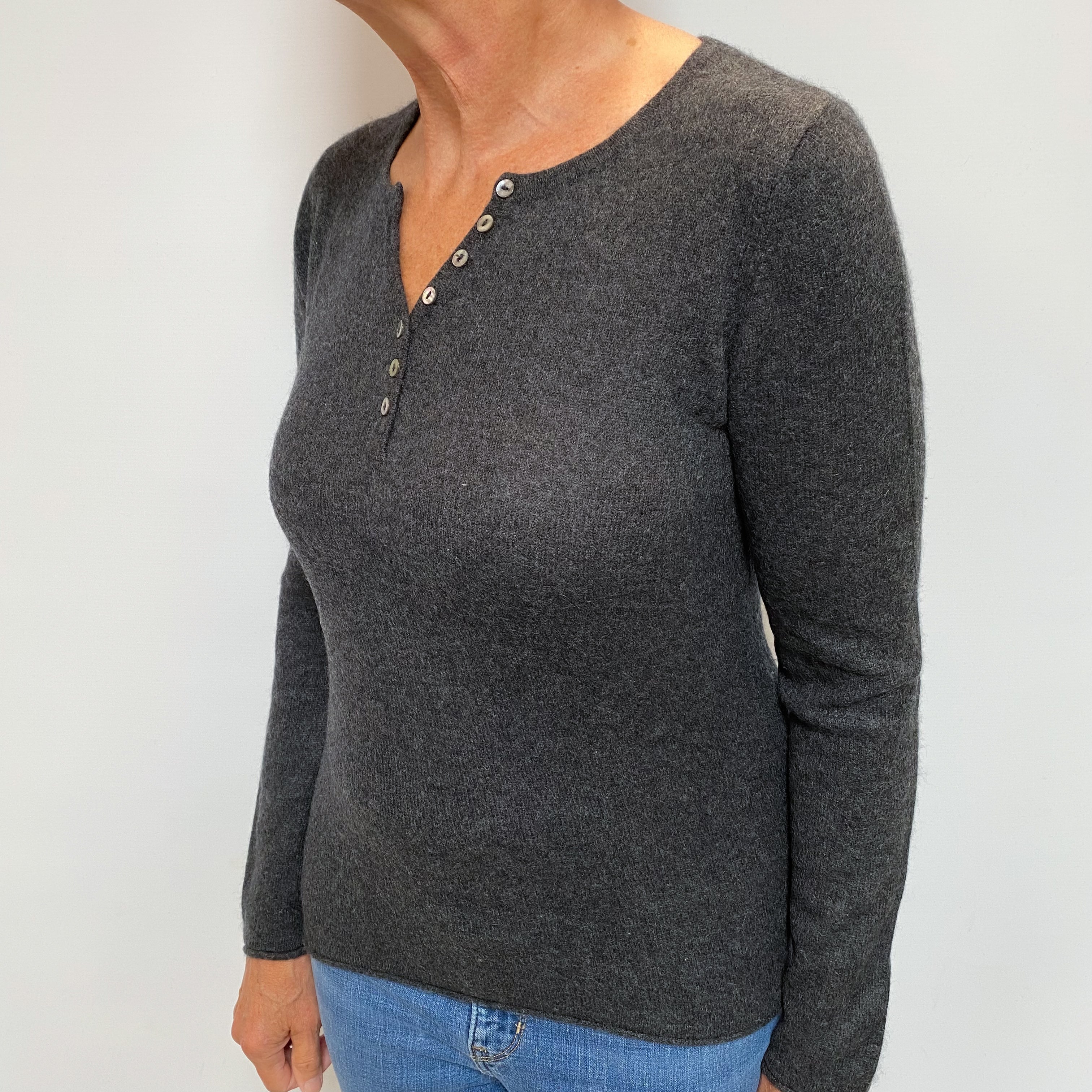 Slate Grey Cashmere Button Up V Neck Jumper Medium