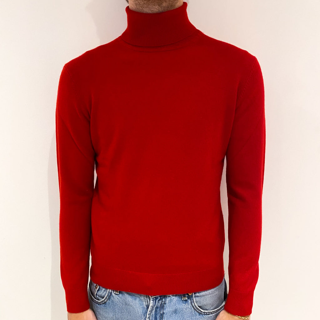 Men's Red Cashmere Polo Neck Jumper Large