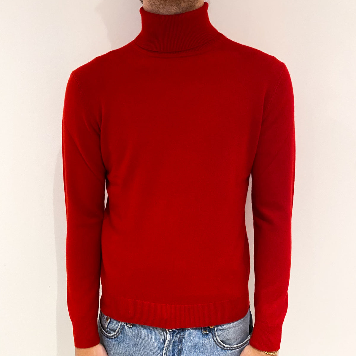 Men's Red Cashmere Polo Neck Jumper Large