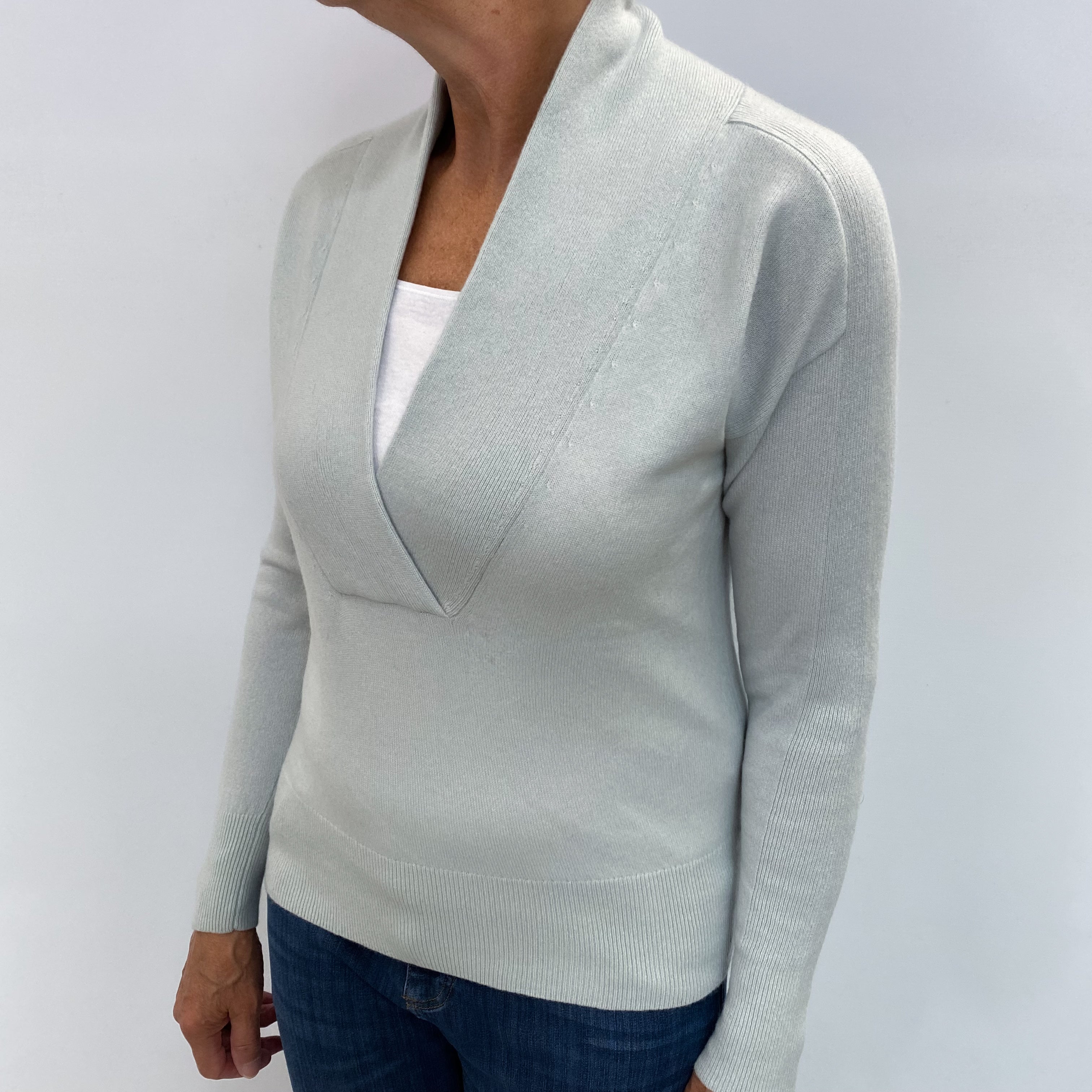 Opal Green Cashmere Cross Over V Neck Jumper Medium