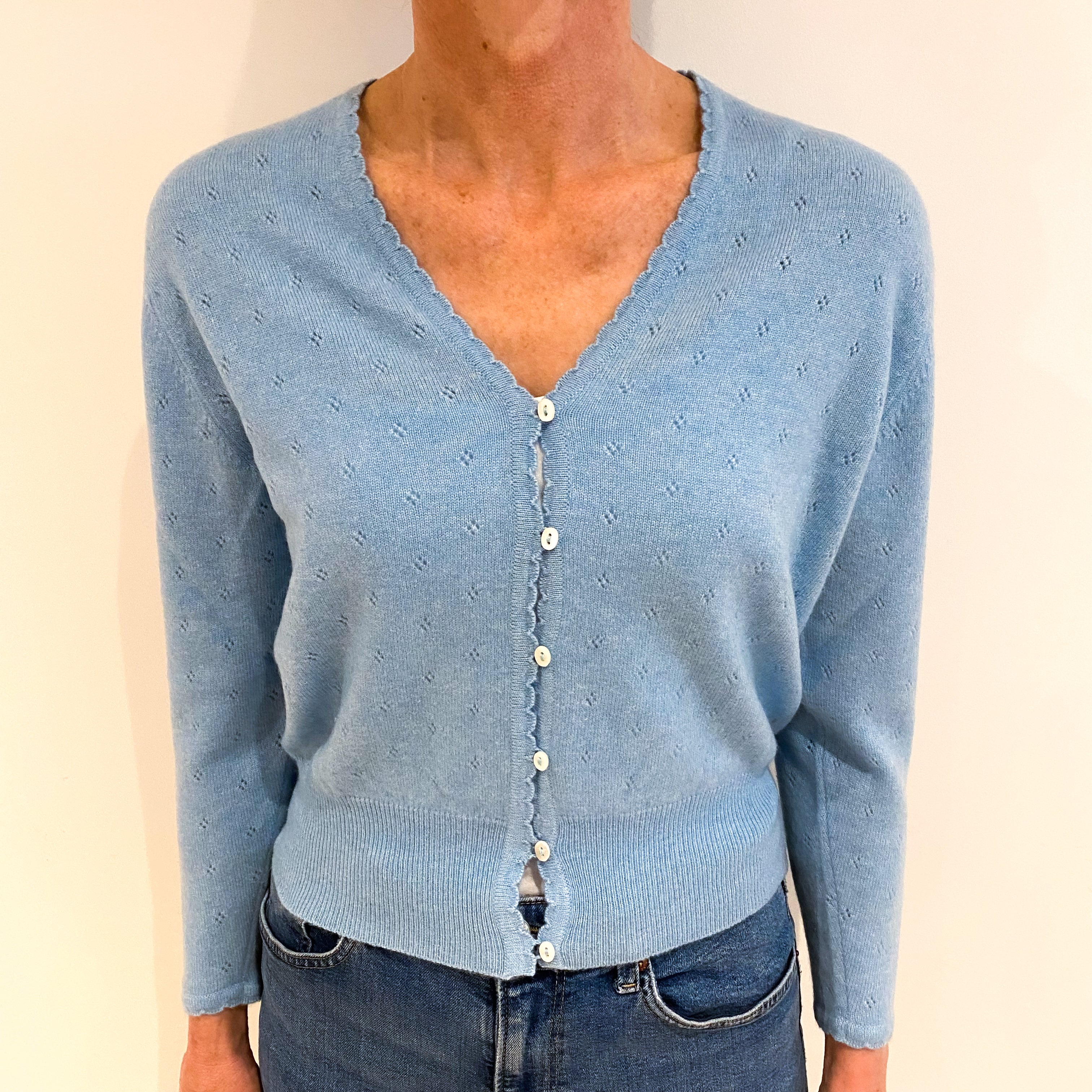 Brora Pastel Blue Cashmere V Neck Pointelle Knit Cardigan Small