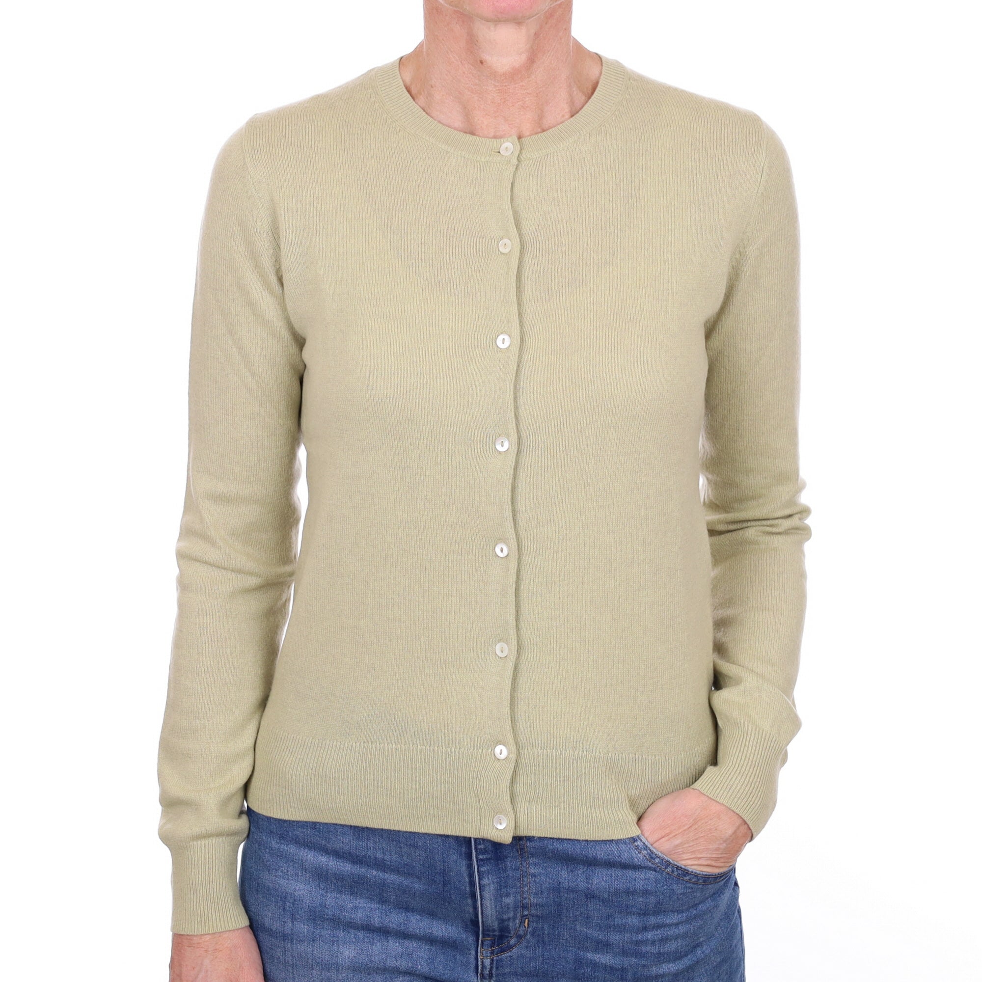 Pistachio Green Cashmere Crew Cardigan Small
