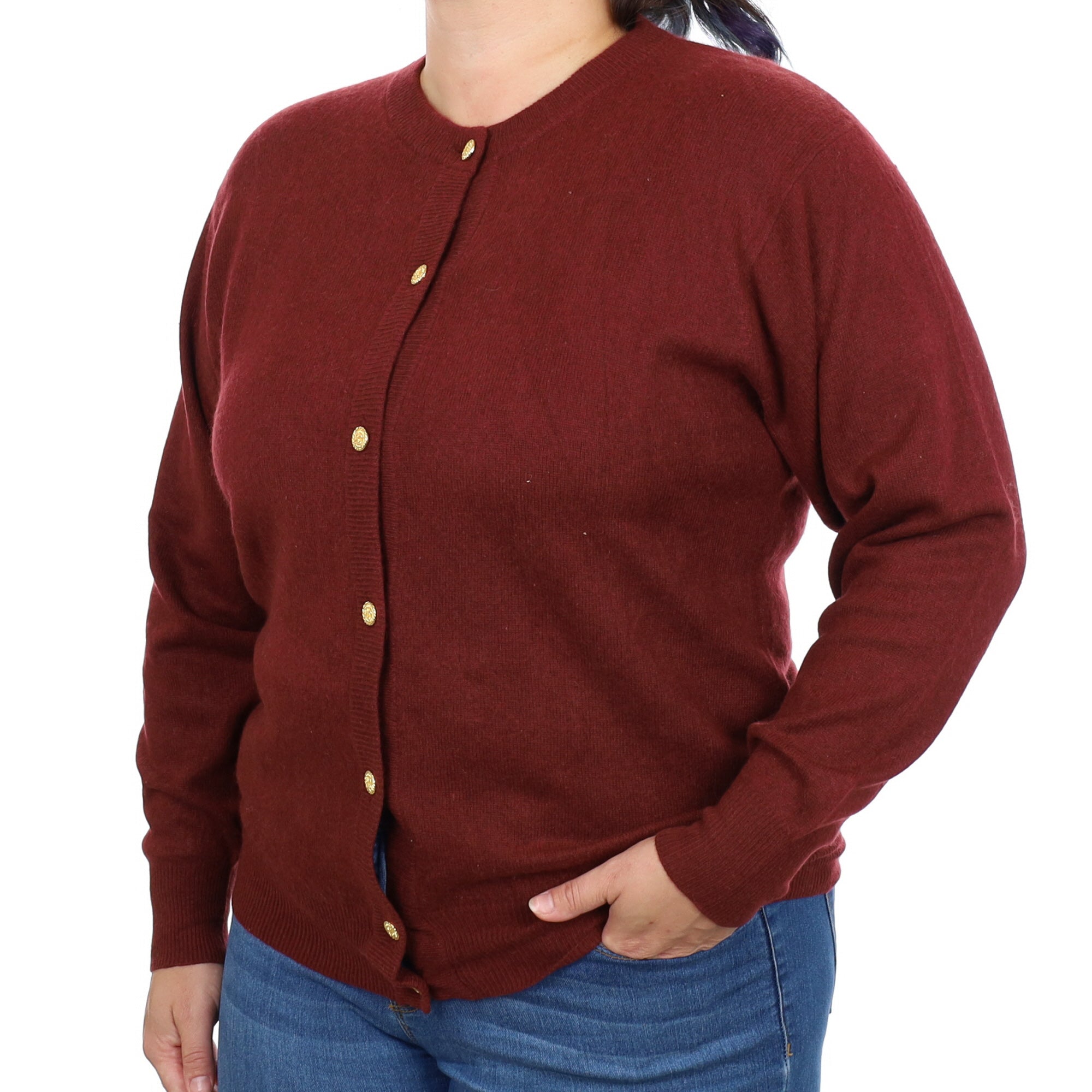 Burgundy Red Cashmere Crew Neck Cardigan Large