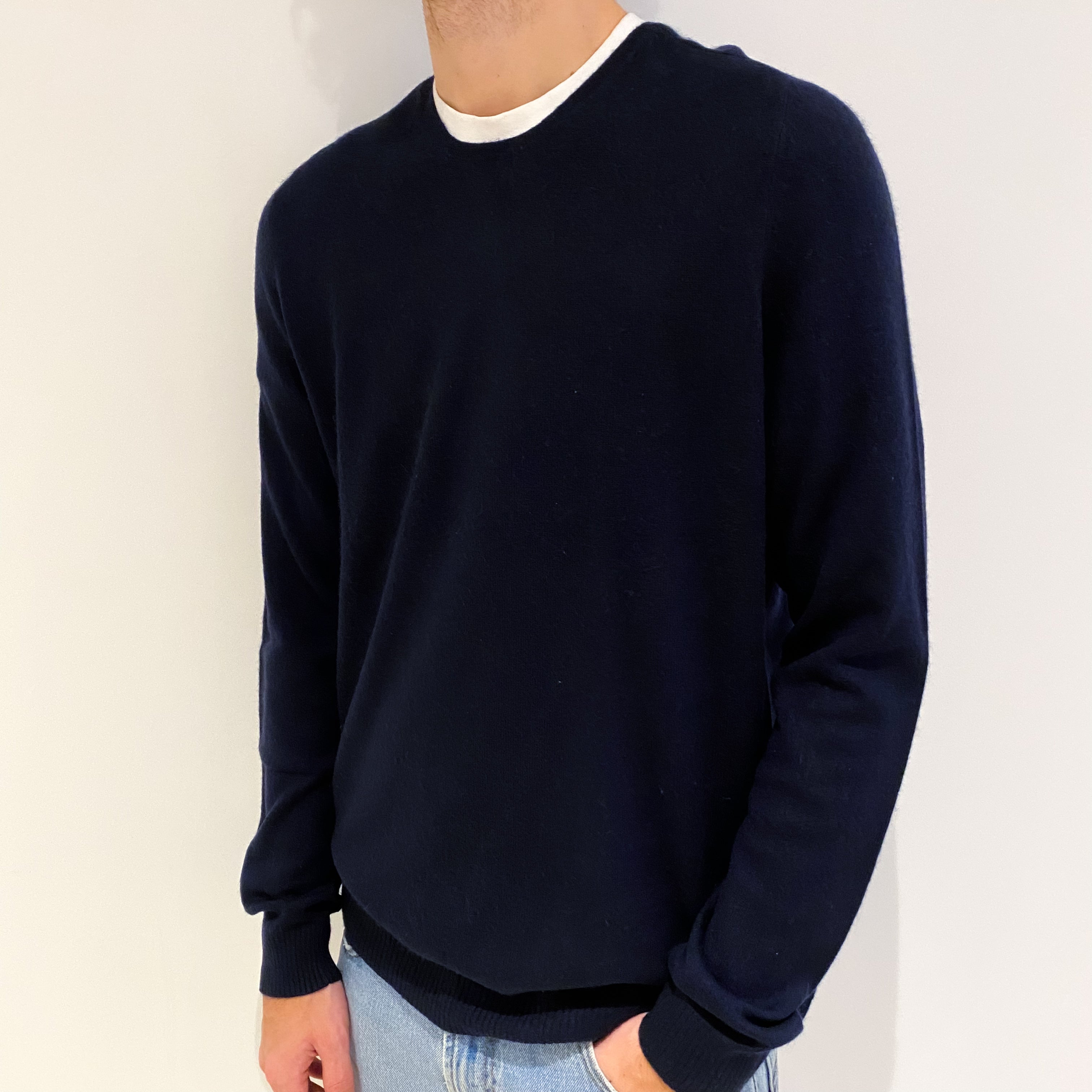 Men's Navy Blue Cashmere Crew Neck Jumper Large