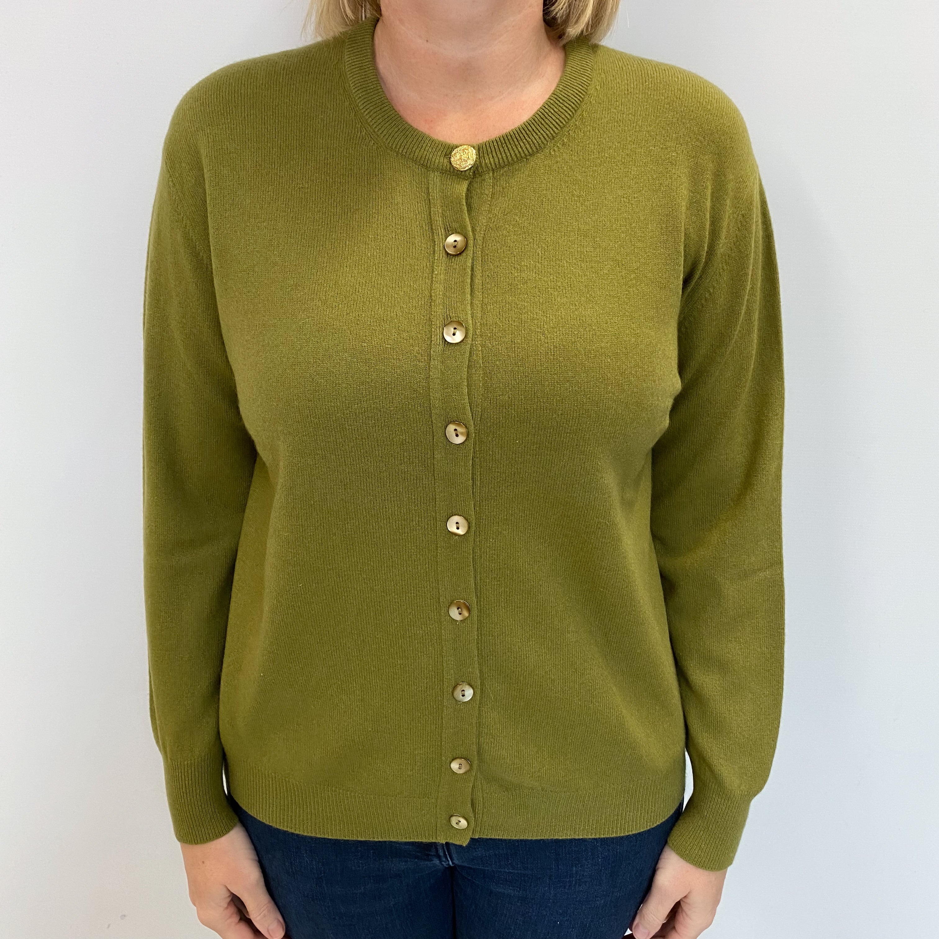 Olive Green Cashmere Crew Neck Cardigan Large