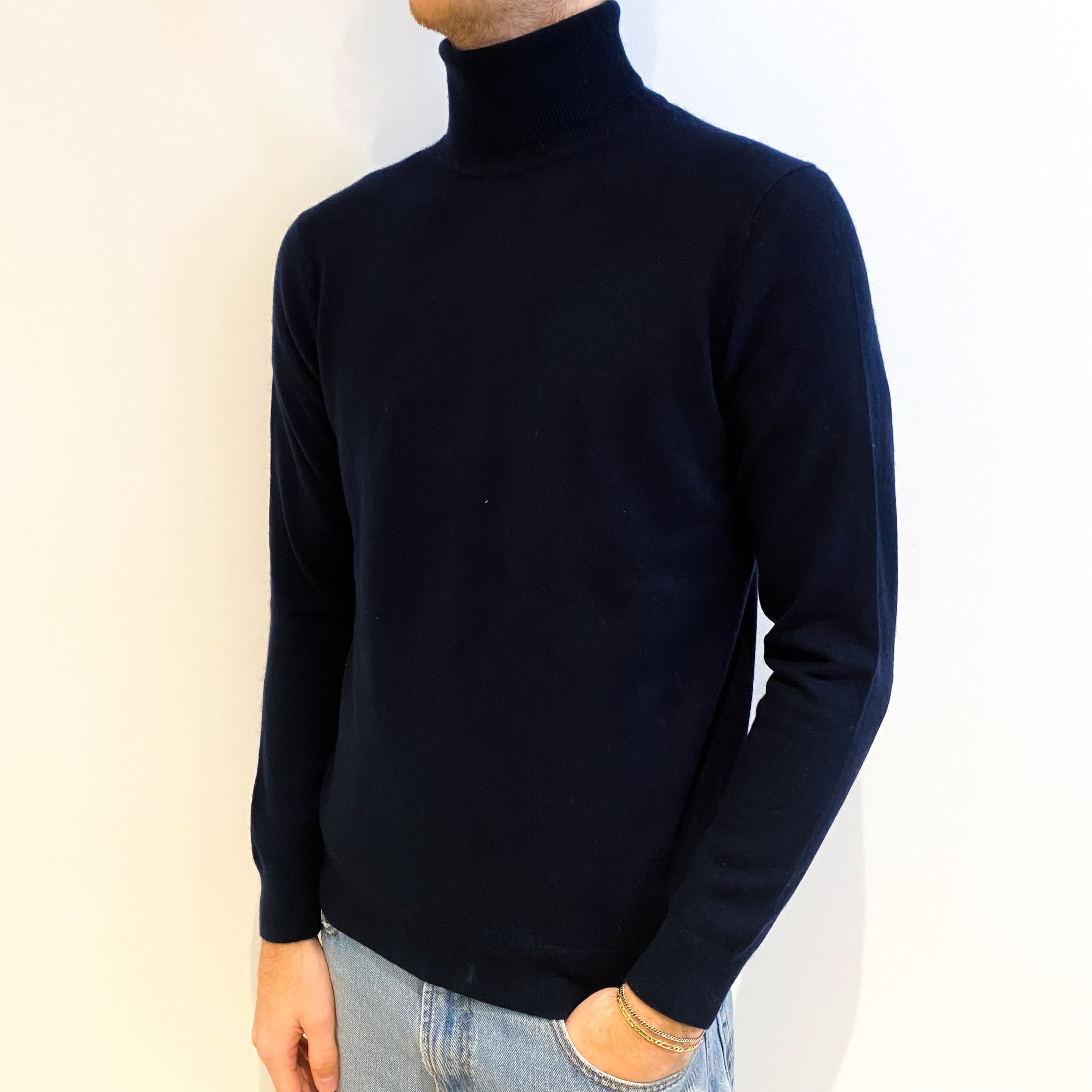 Men's French Navy Cashmere Polo Neck Jumper Large