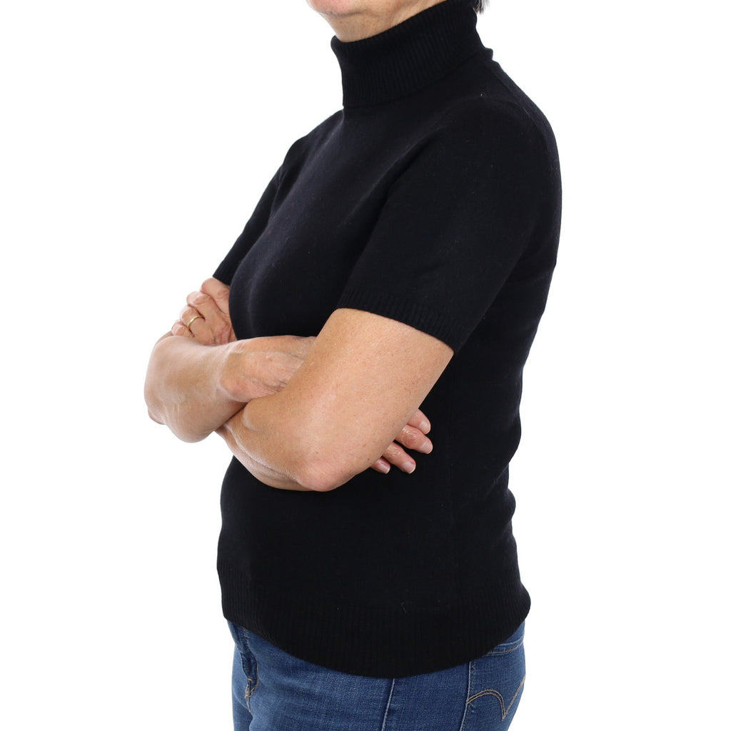 Black Cashmere Polo Neck Short Sleeve Jumper Medium