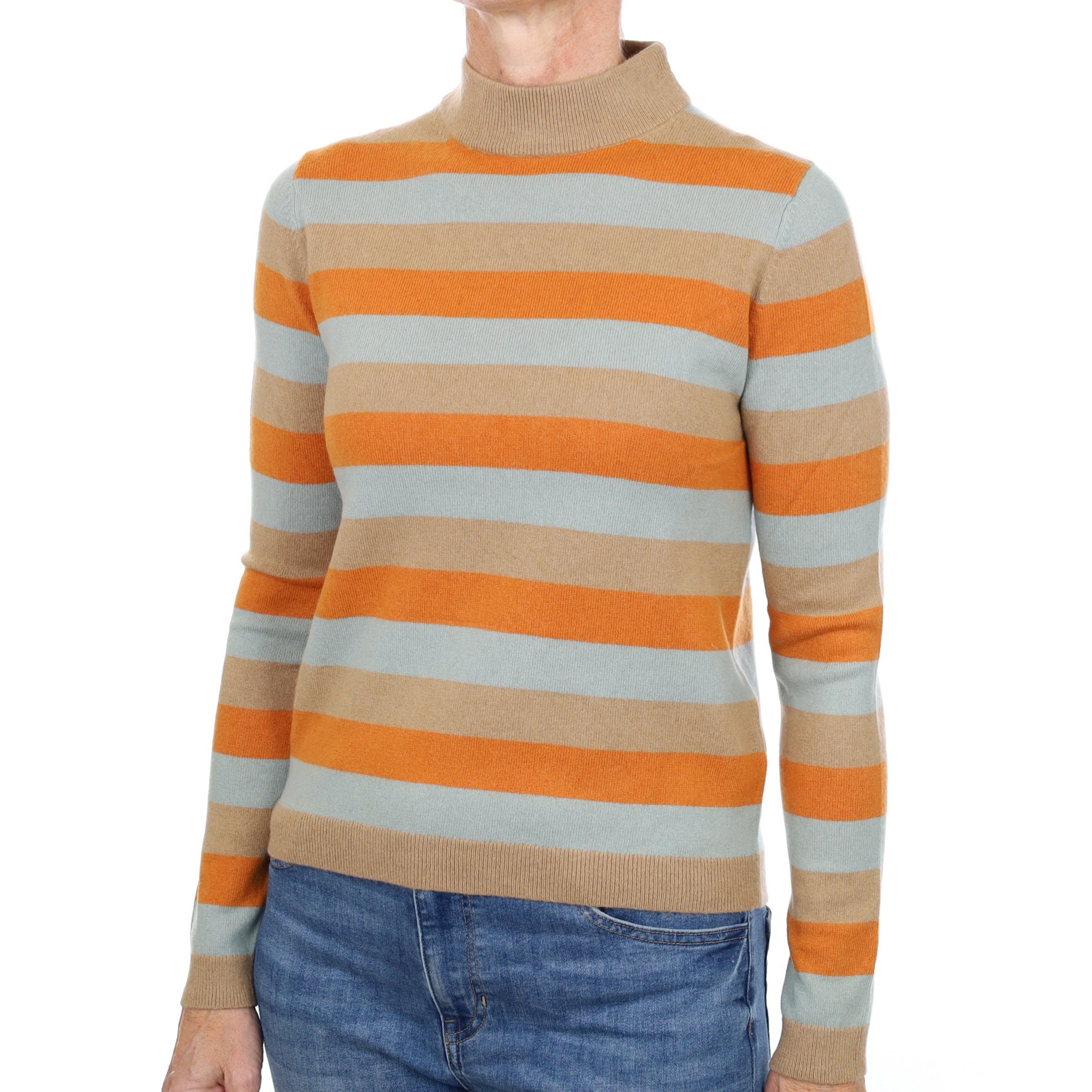 Camel Brown and Blue Striped Cashmere Turtle Neck Jumper Small