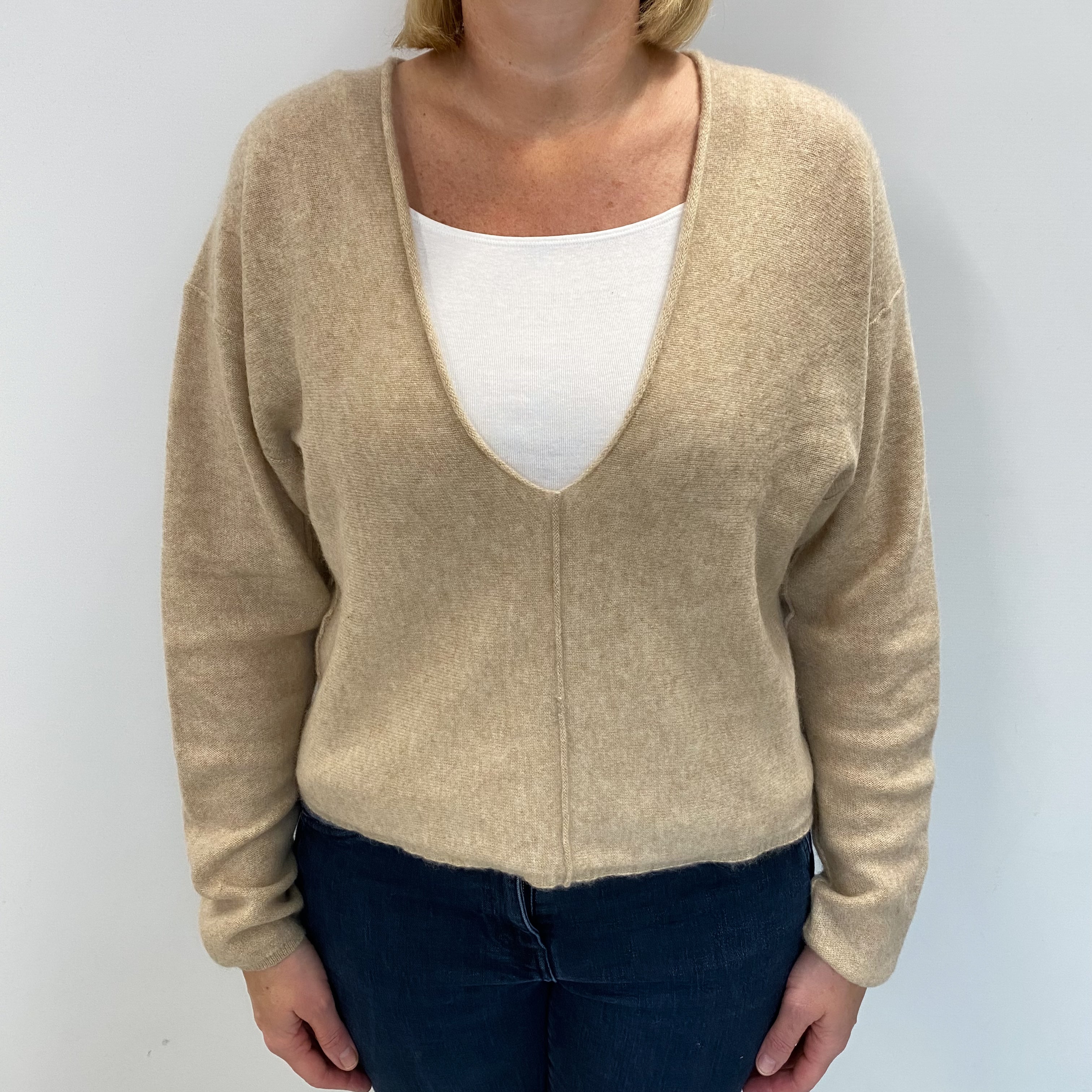 Free People Buff Beige Cashmere Deep V Neck Jumper Large