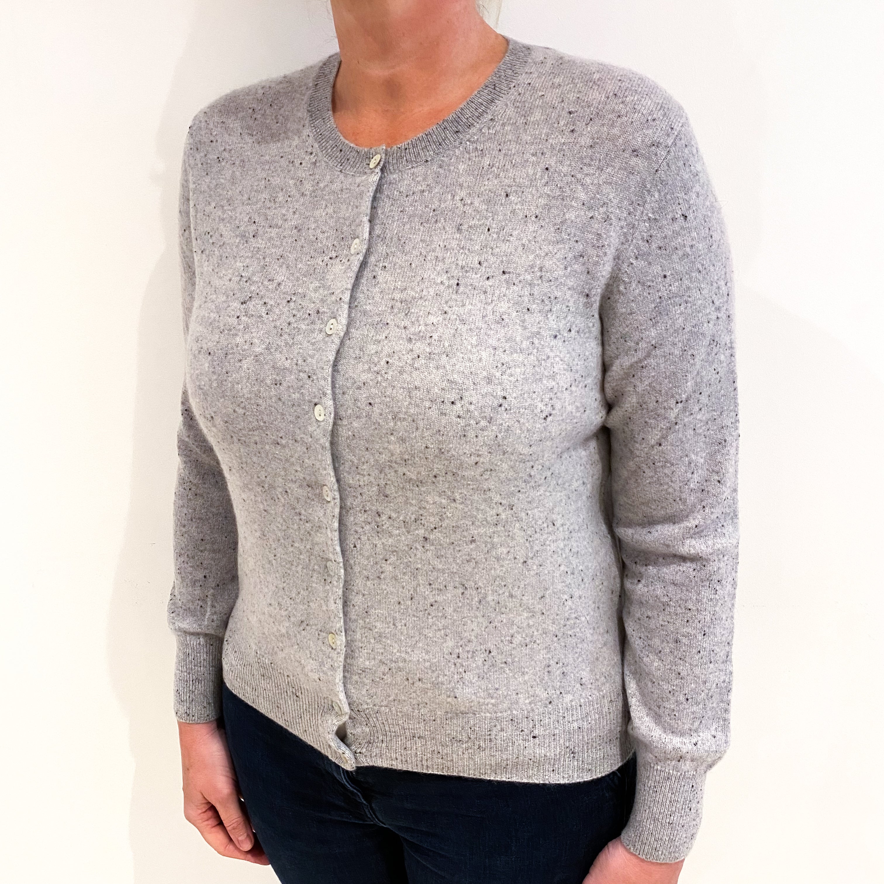 Smoke Grey Flecked Cashmere Crew Neck Cardigan Large