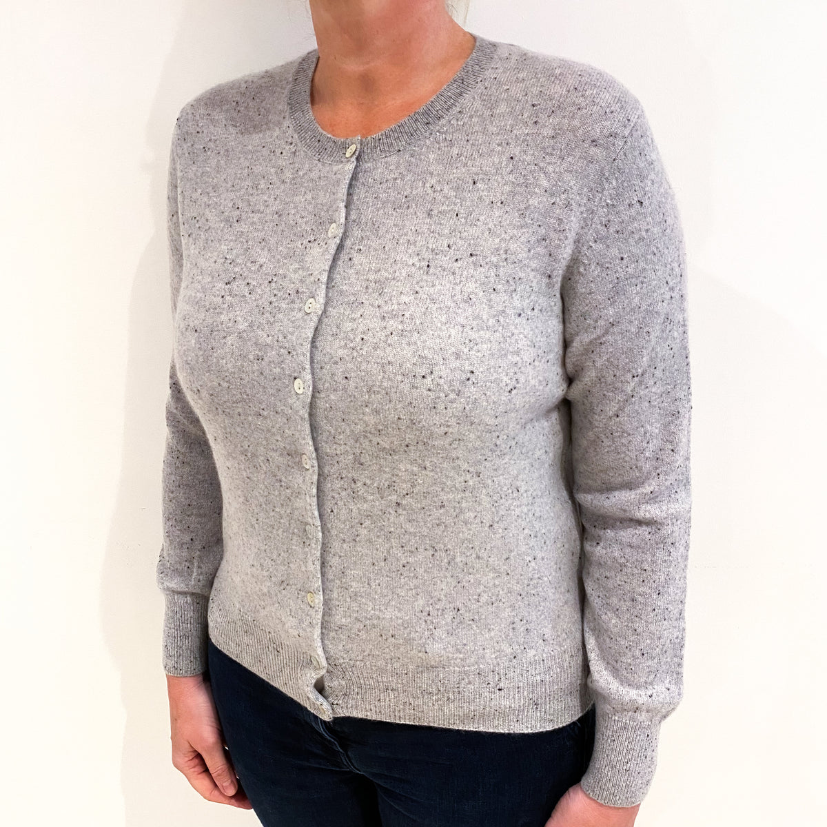 Smoke Grey Flecked Cashmere Crew Neck Cardigan Large