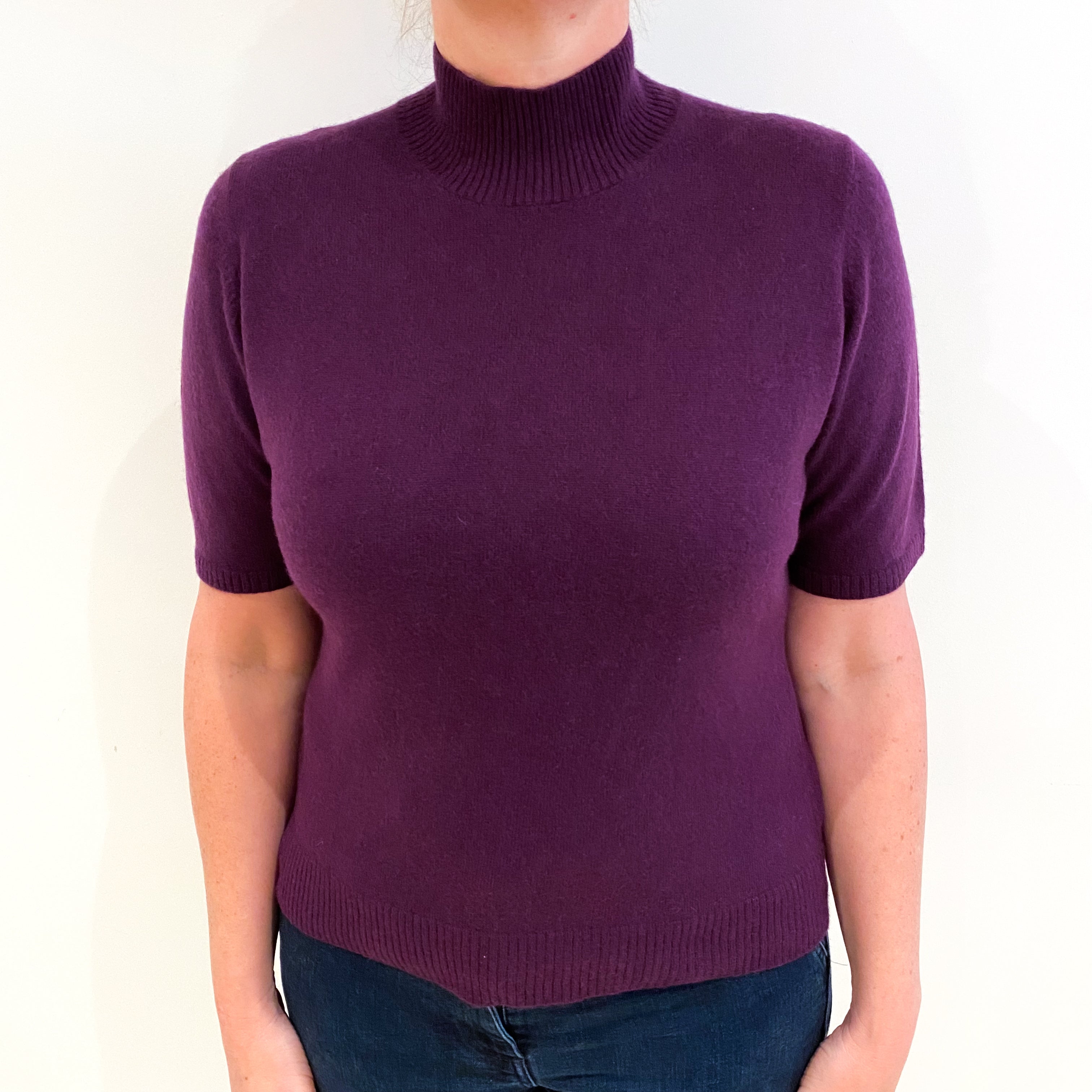 Plum Purple Cashmere Turtle Neck Short Sleeved Jumper Large