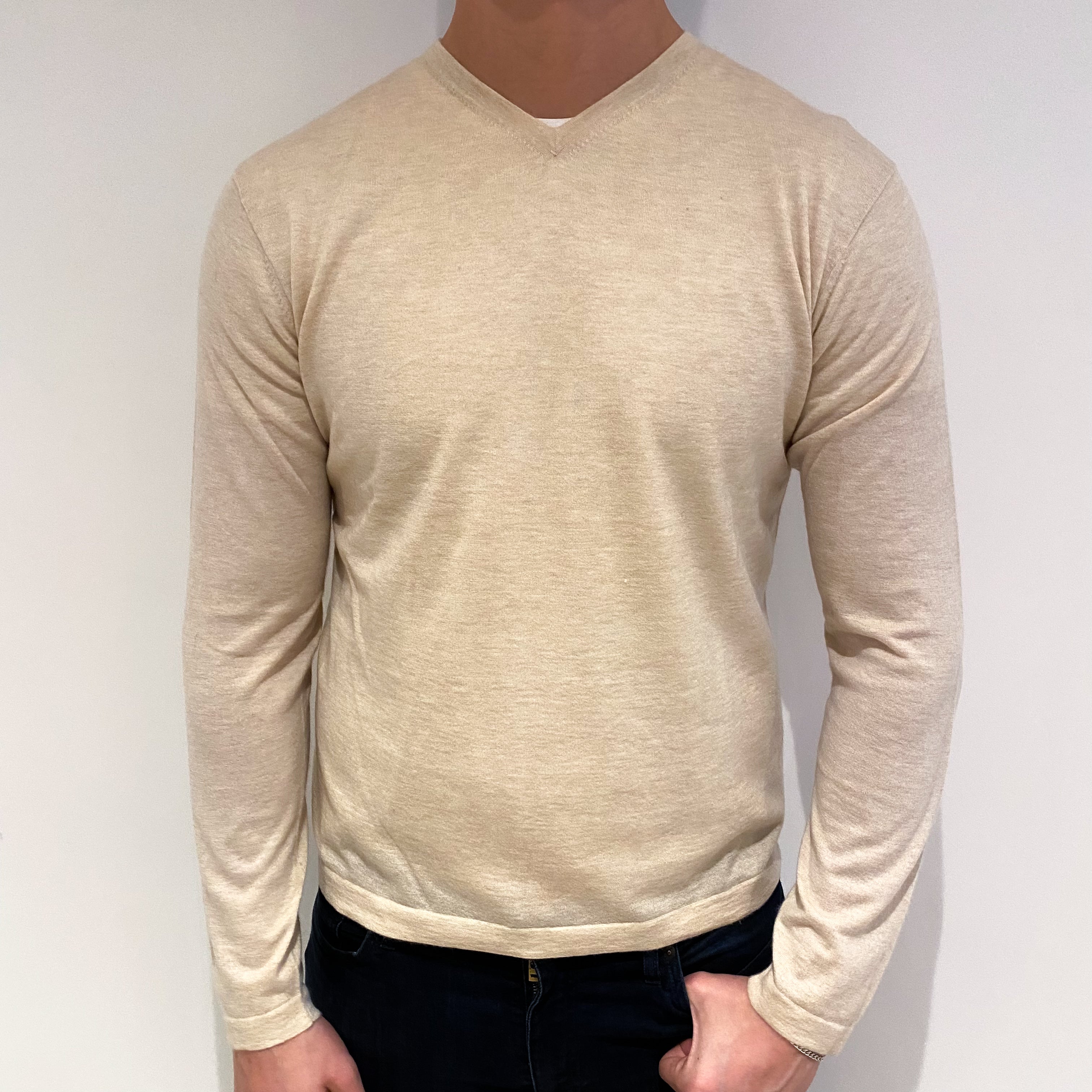 Men's Oatmeal Beige Cashmere V Neck Jumper XL
