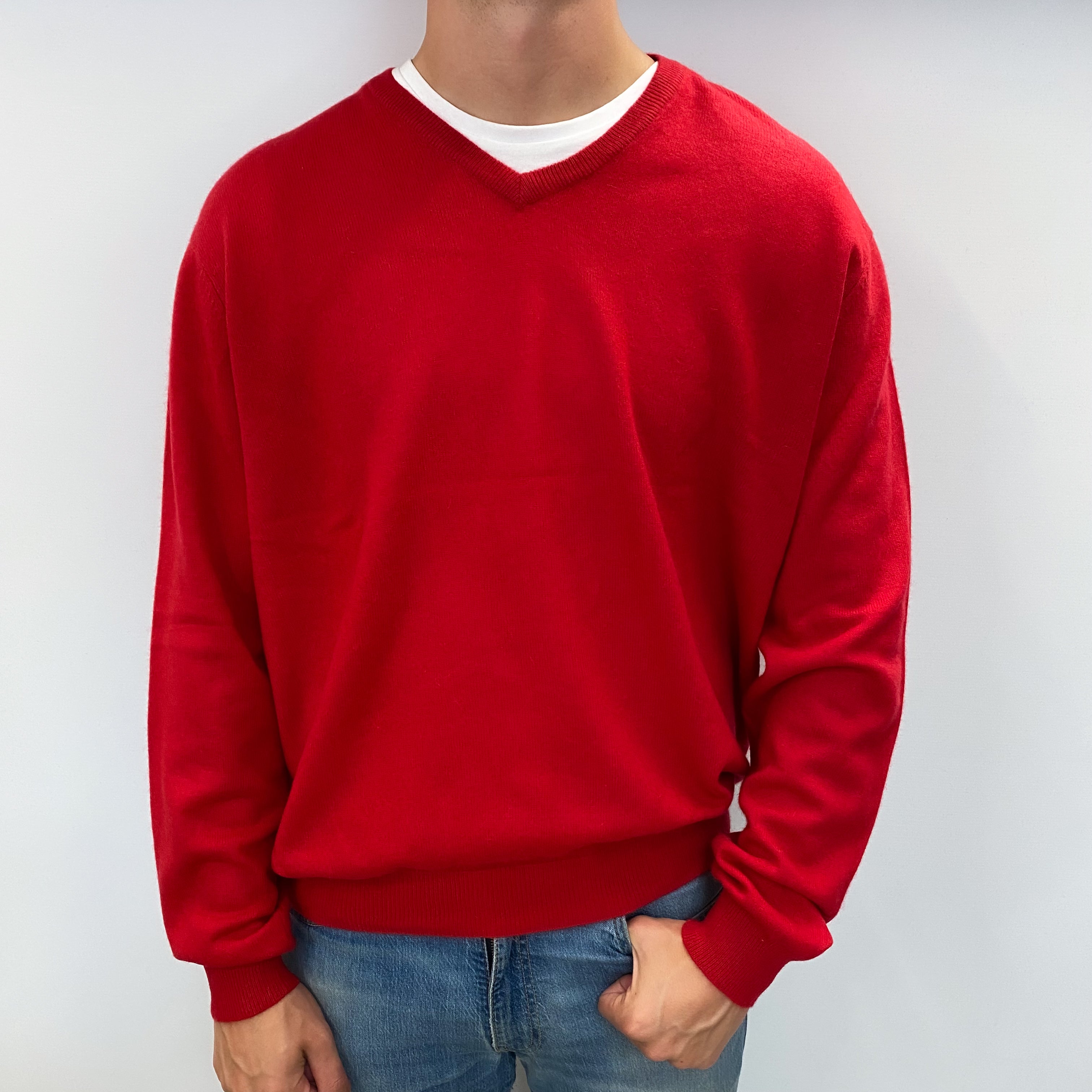 Men's Post Box Red Cashmere V Neck Jumper XXL