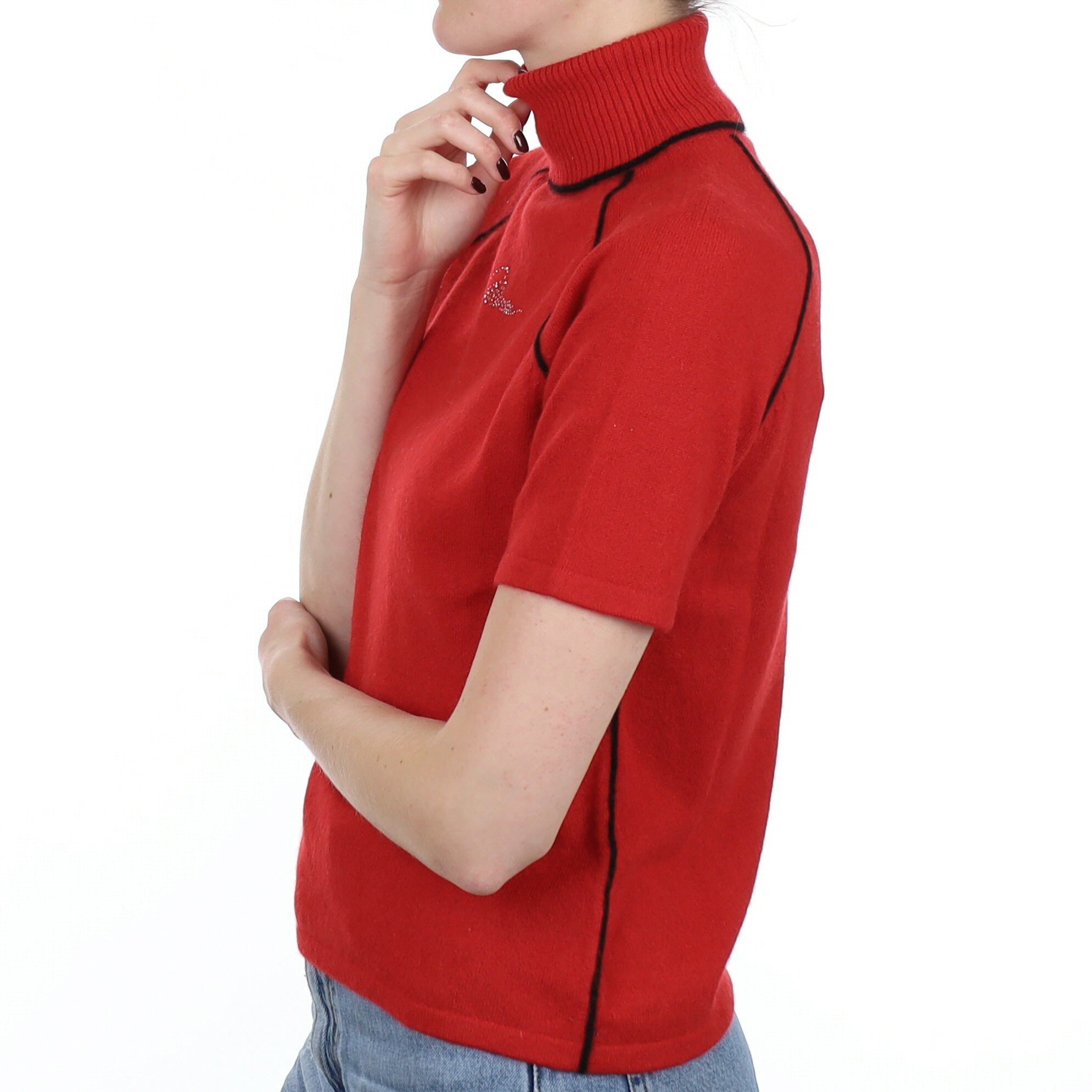 Red Black Trim Cashmere Short Sleeve Polo Neck Jumper Small