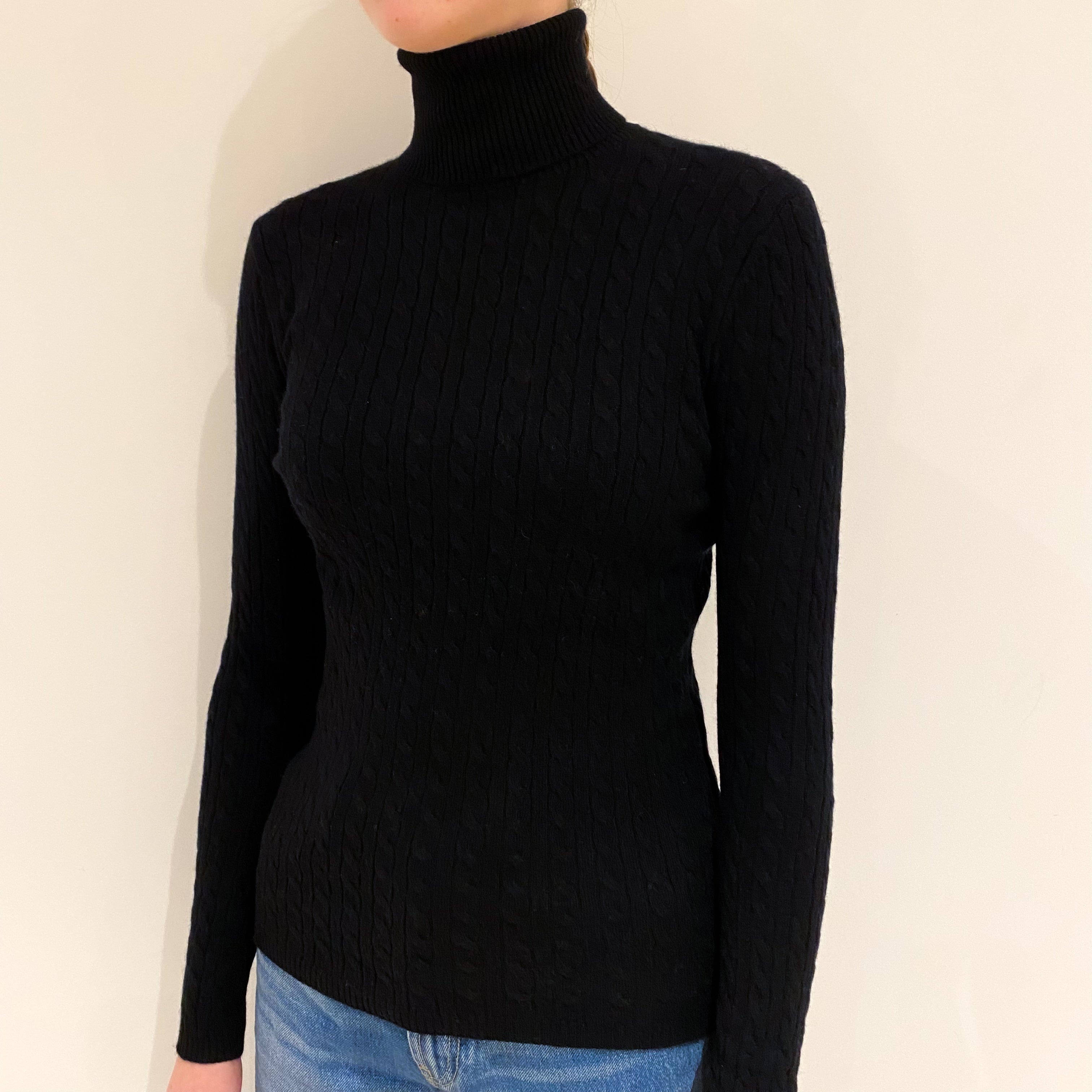 Black Cable Cashmere Polo Neck Jumper Extra Small