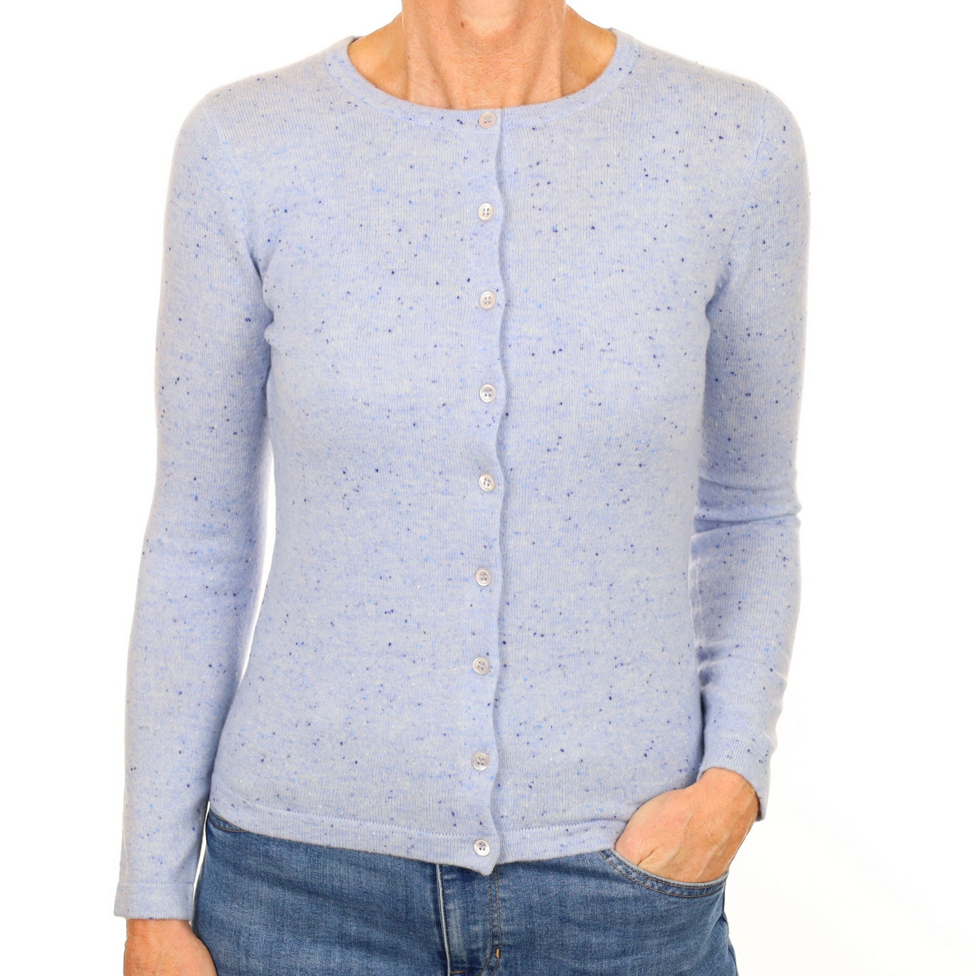 New Pale Blue Flecked Cashmere Crew Neck Cardigan Small