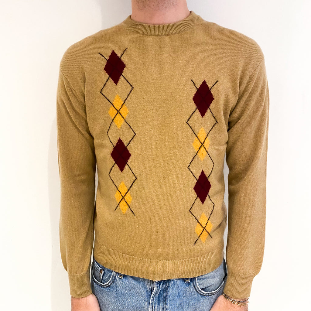 Men's Camel Burgundy Diamond Cashmere Crew Neck Jumper Medium