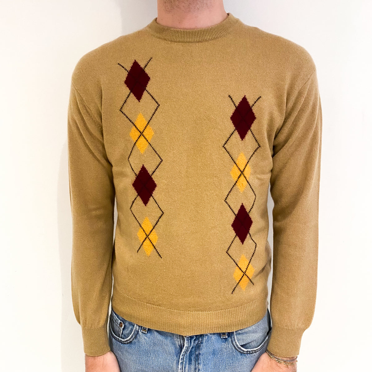 Men's Camel Burgundy Diamond Cashmere Crew Neck Jumper Medium