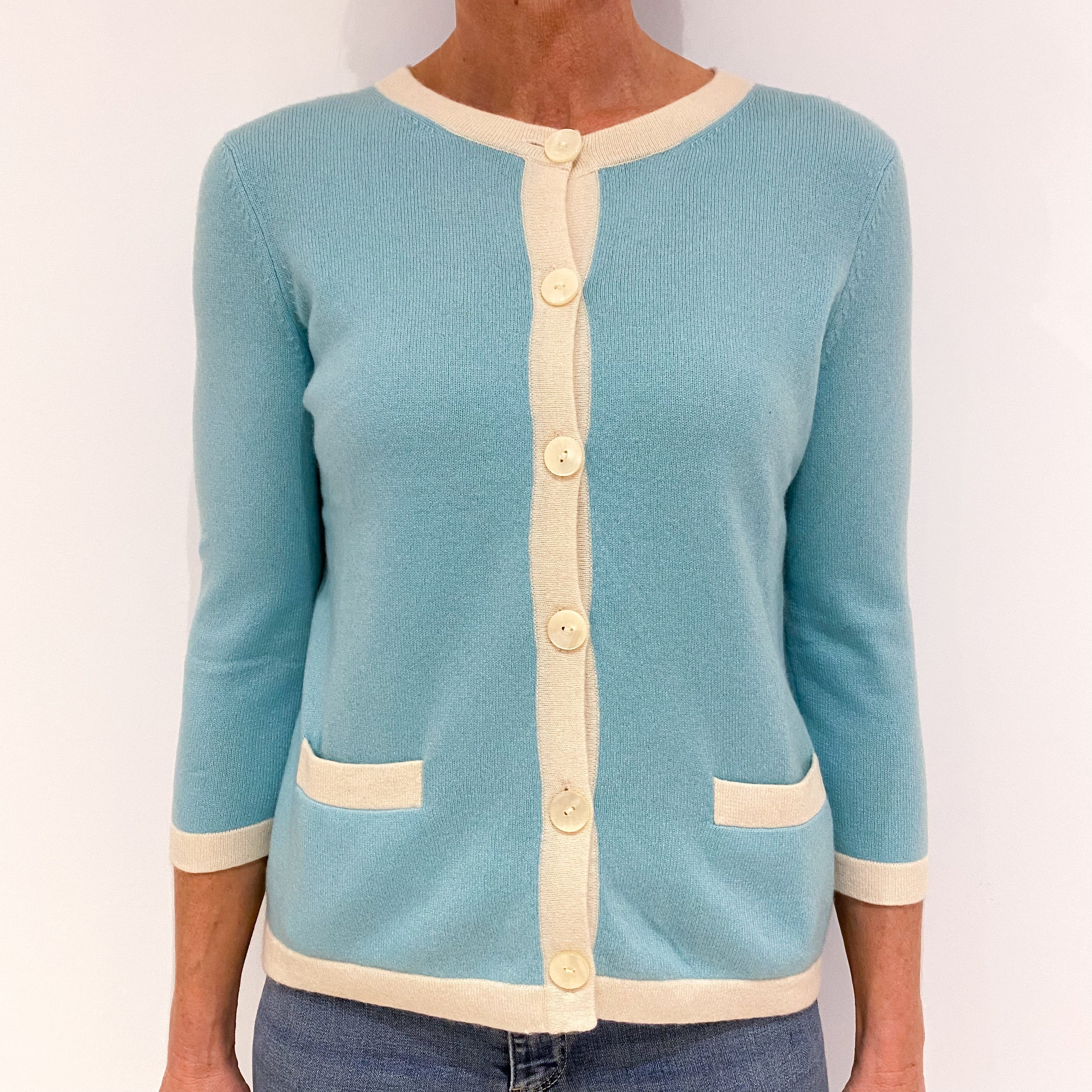 Aqua Blue Cashmere Crew Neck Cardigan Small