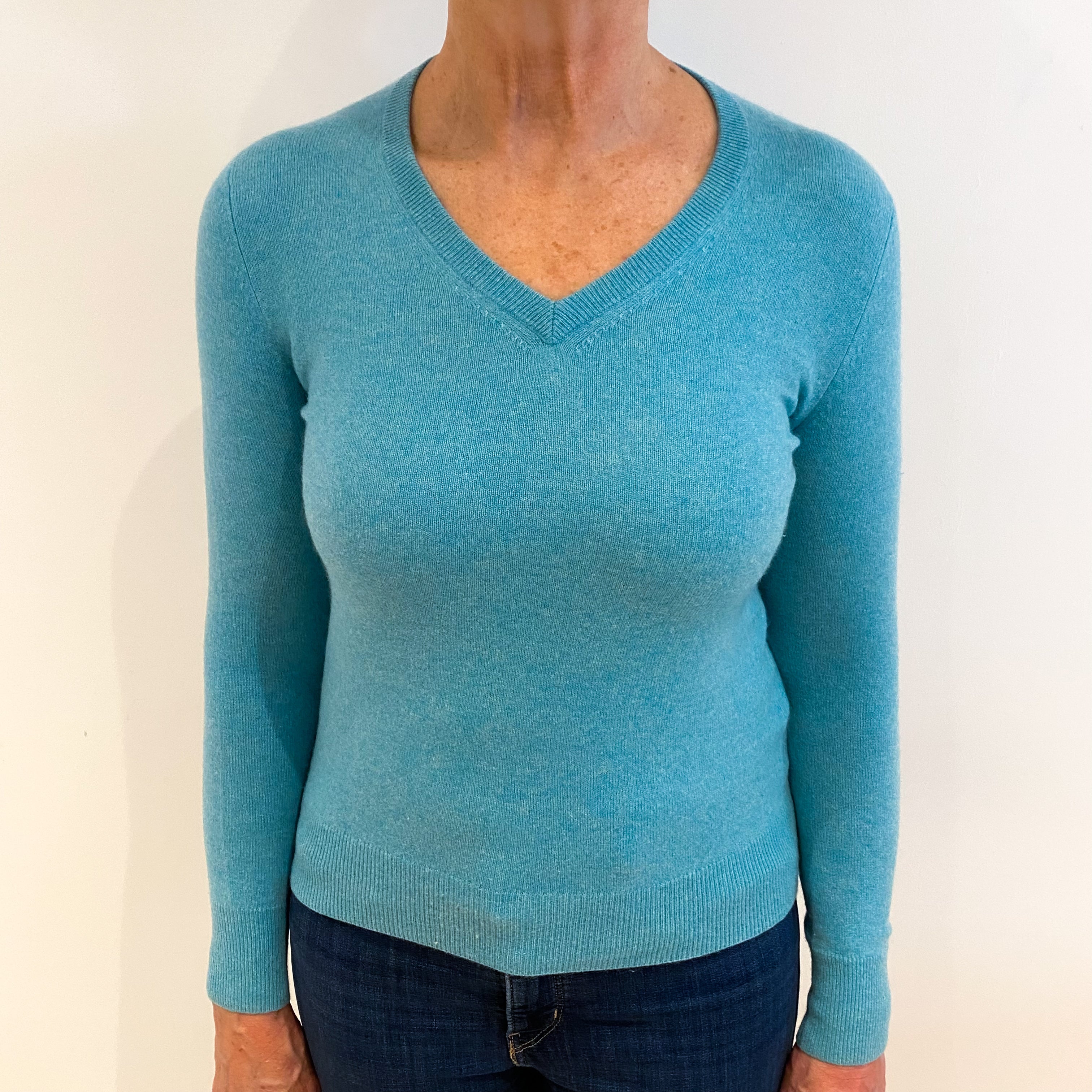 Aqua Blue Cashmere V Neck Jumper Medium
