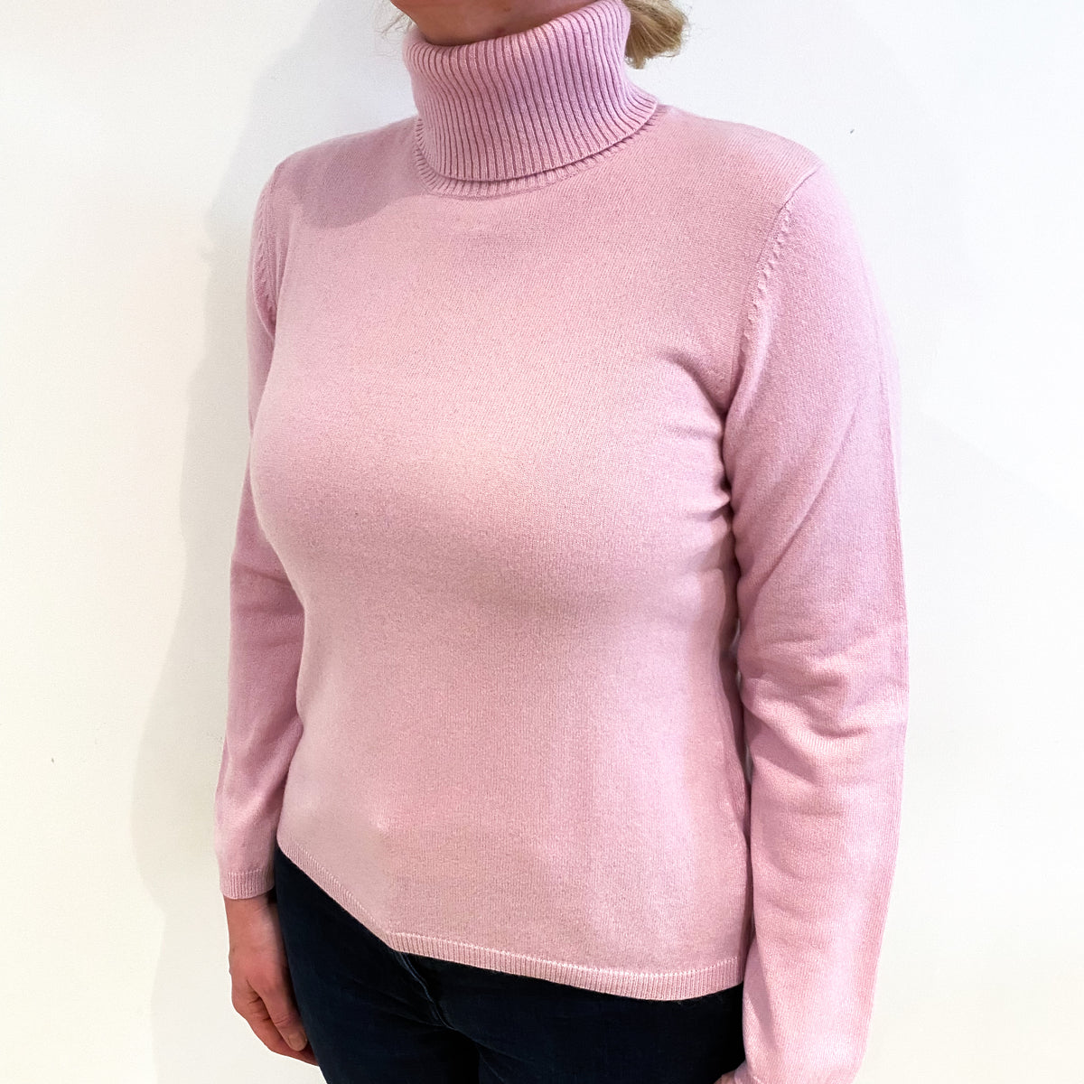 Carnation Pink Cashmere Polo Neck Jumper Large