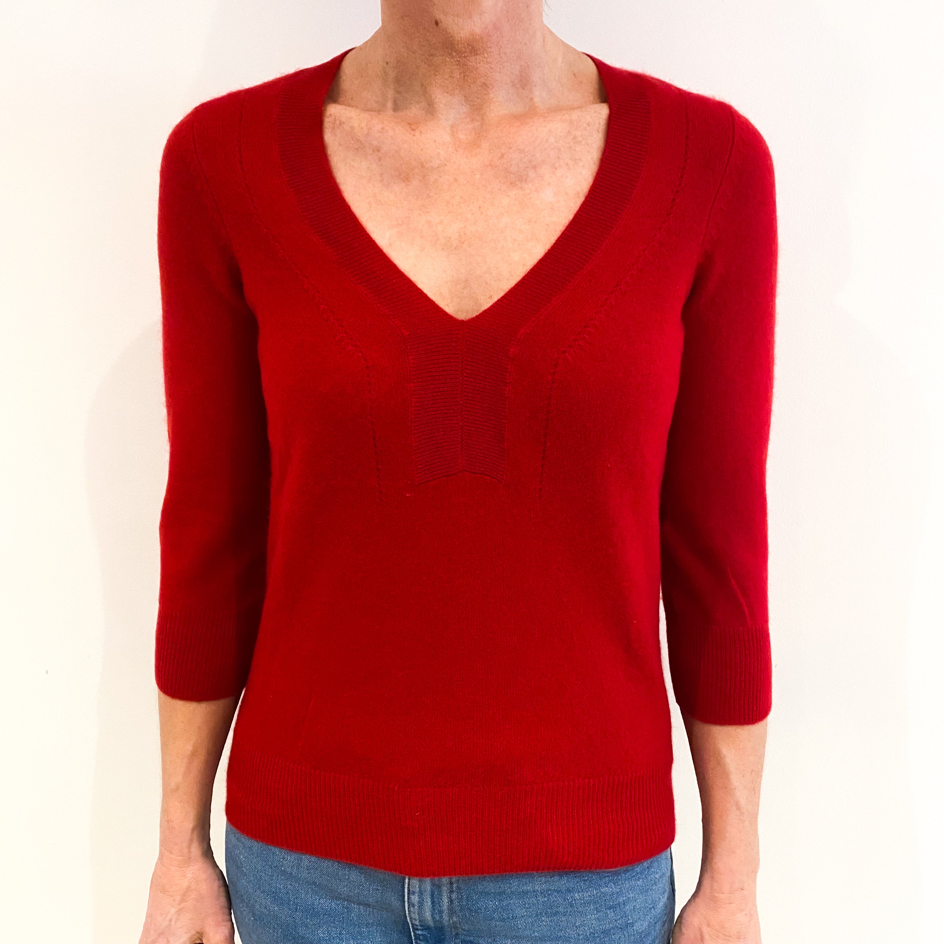 Post Box Red Cashmere 3/4 Sleeve V Neck Jumper Small
