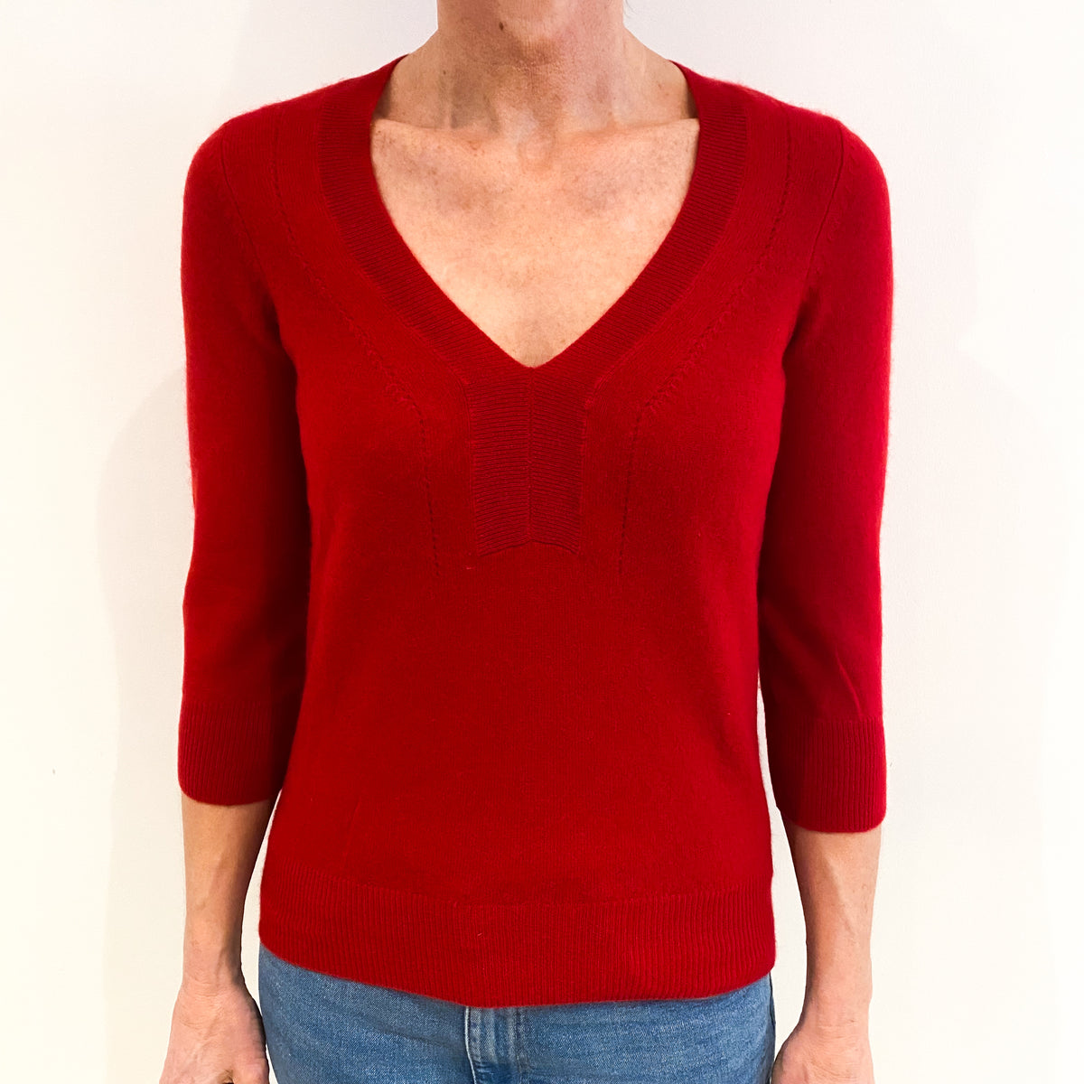 Post Box Red Cashmere 3/4 Sleeve V Neck Jumper Small