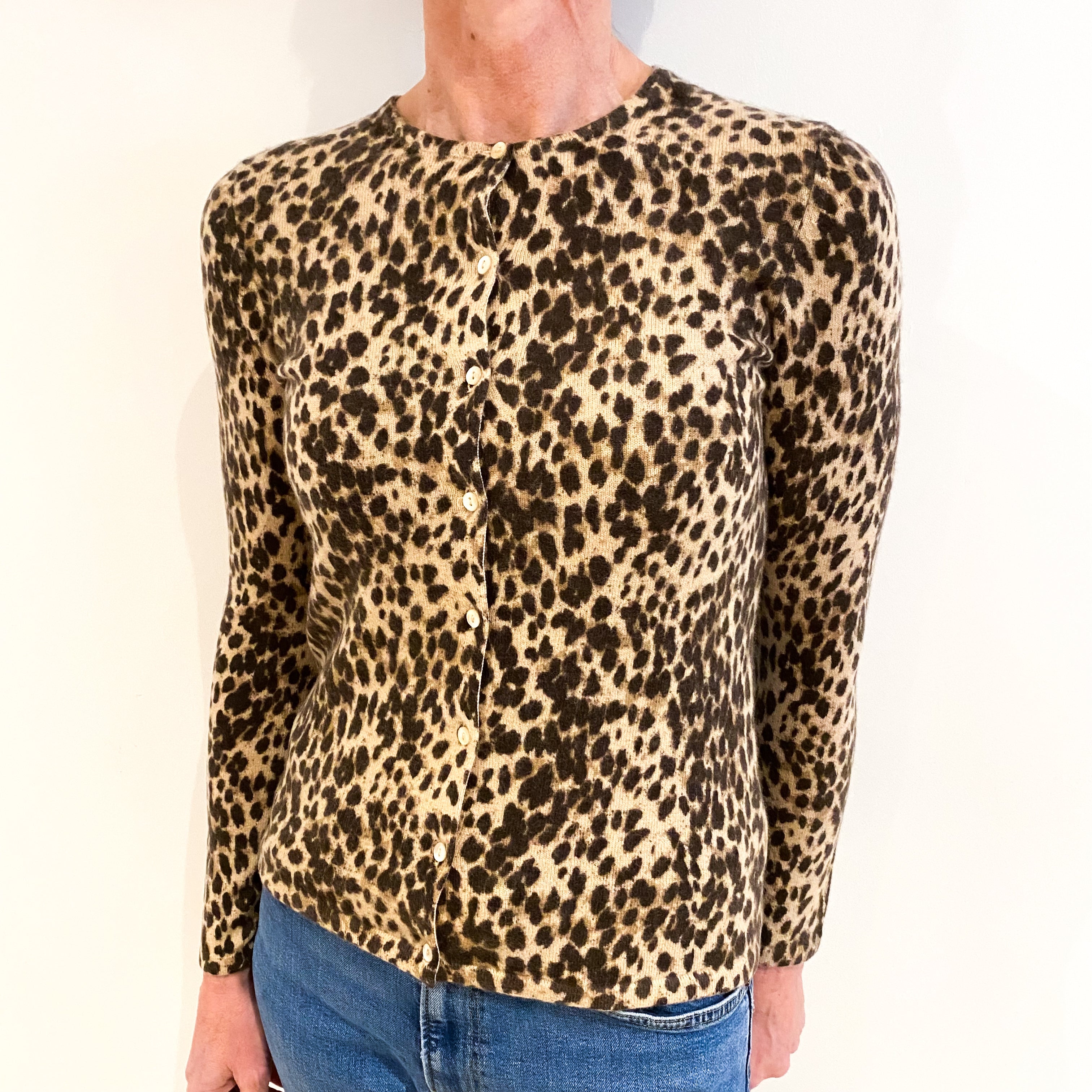 Brown Leopard Print Cashmere Crew Neck Cardigan Small
