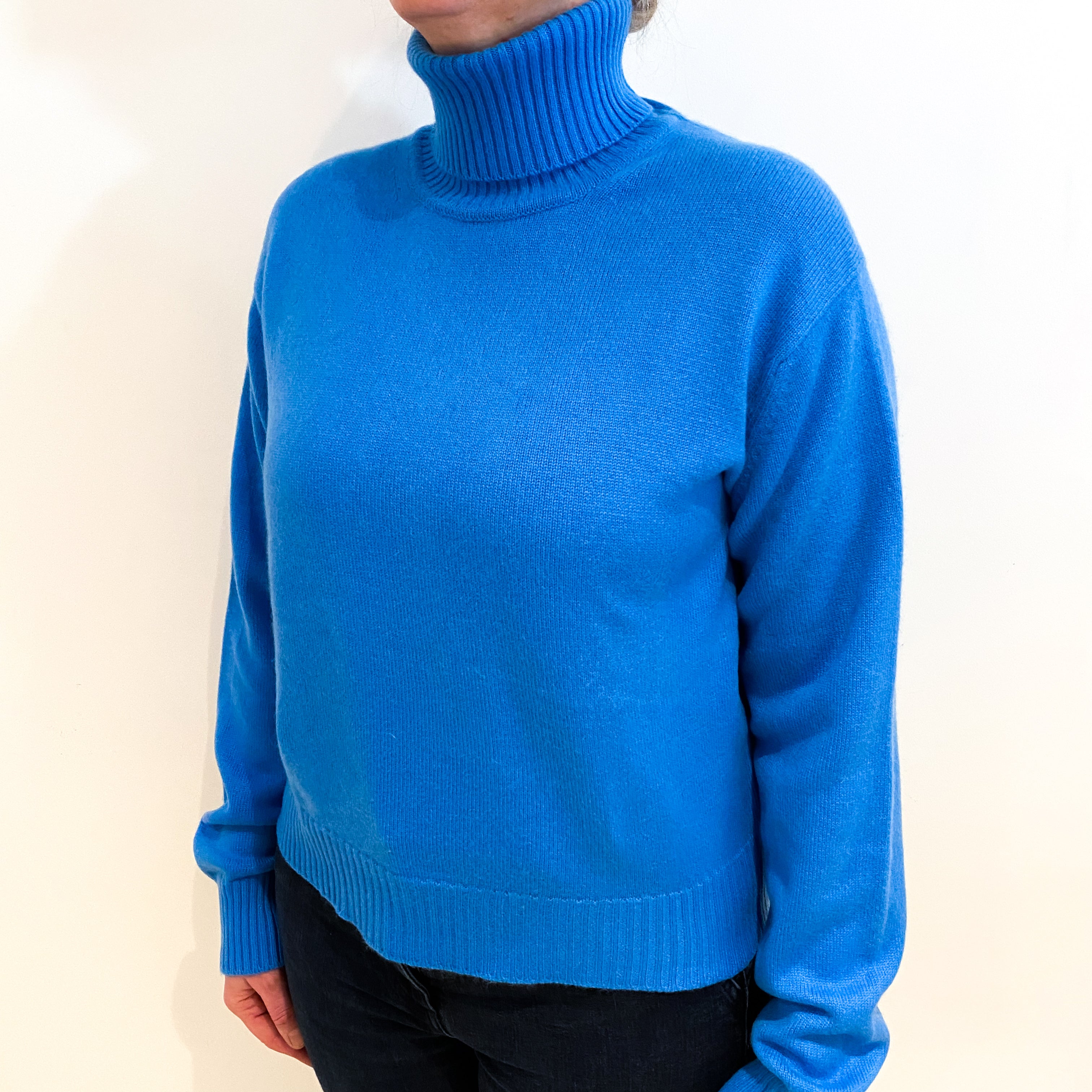 Cyan Blue Cashmere Slouchy Polo Neck Jumper Large