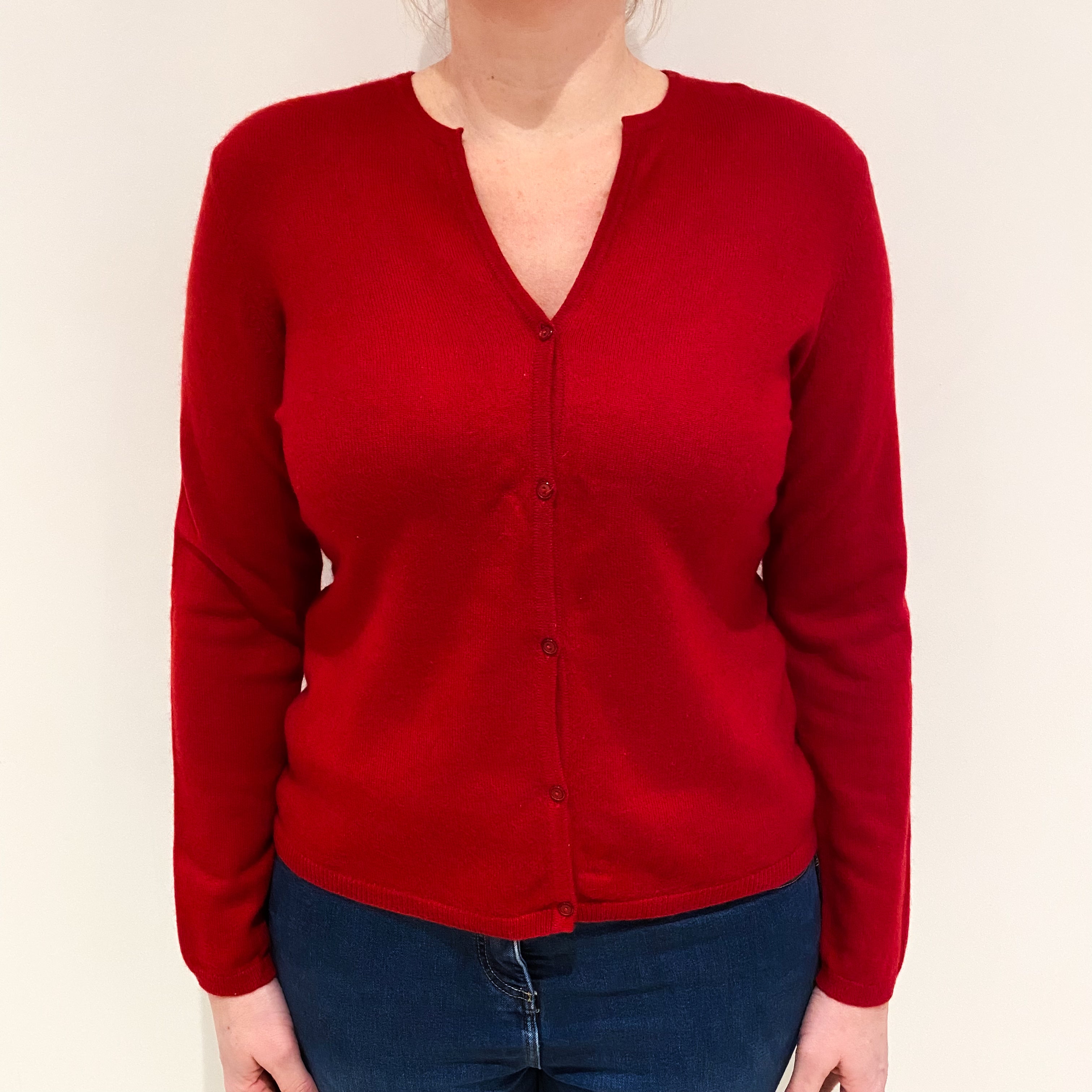 Post Box Red Cashmere Notch Neck Cardigan Large