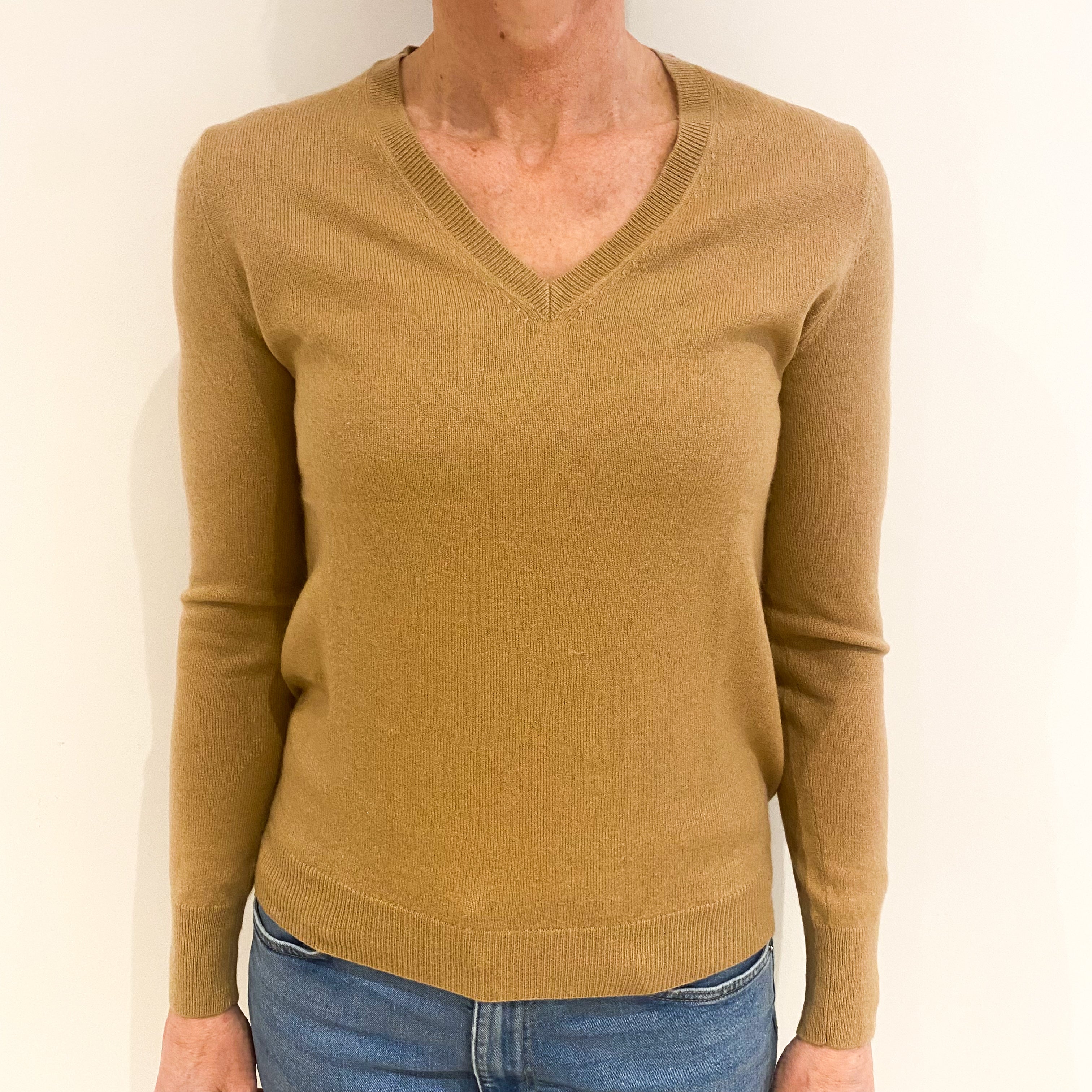 Camel Brown Cashmere V Neck Jumper Small