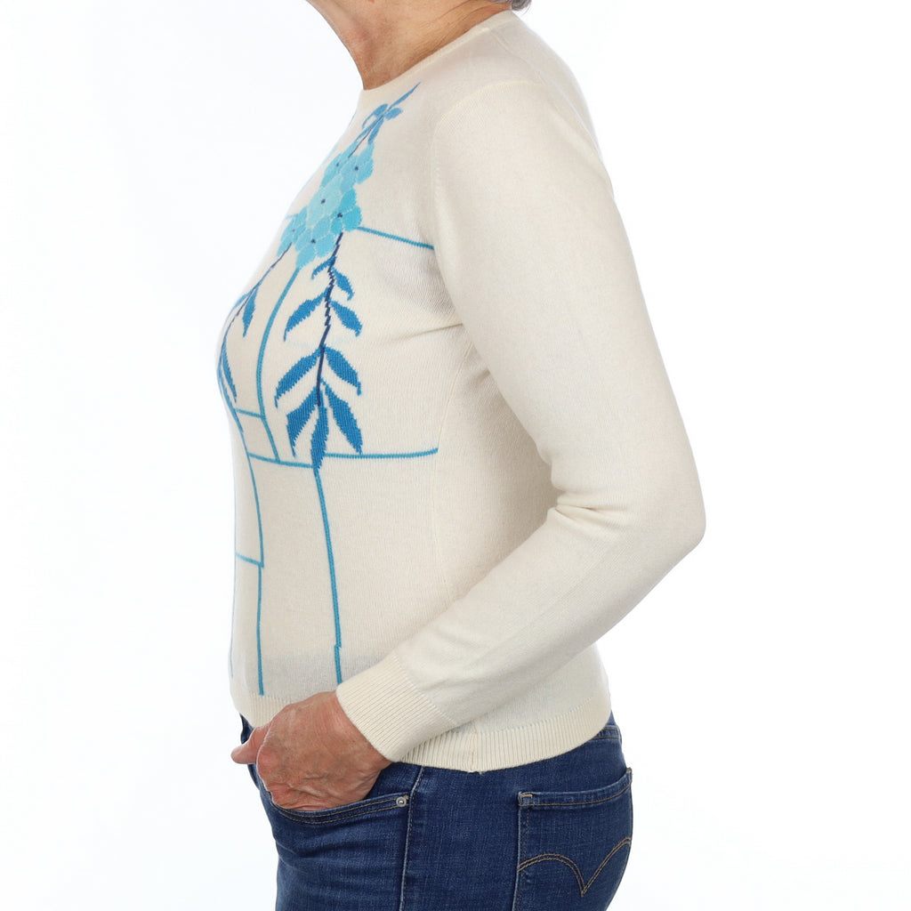 Vintage Scottish Cream and Turquoise Patterned Cashmere Crew Neck Jumper Medium