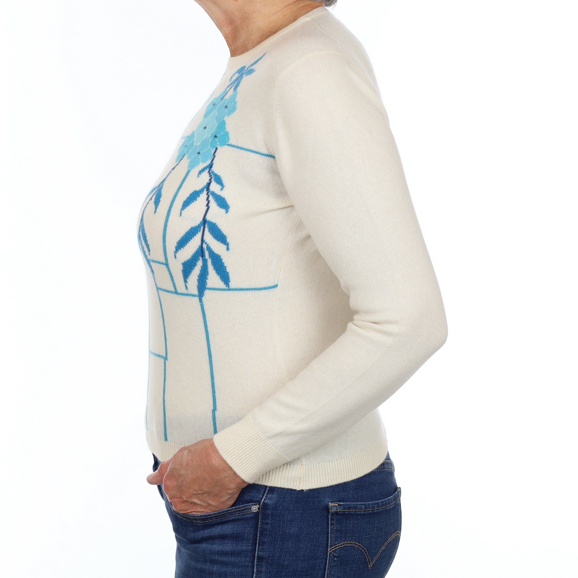 Vintage Scottish Cream and Turquoise Patterned Cashmere Crew Neck Jumper Medium