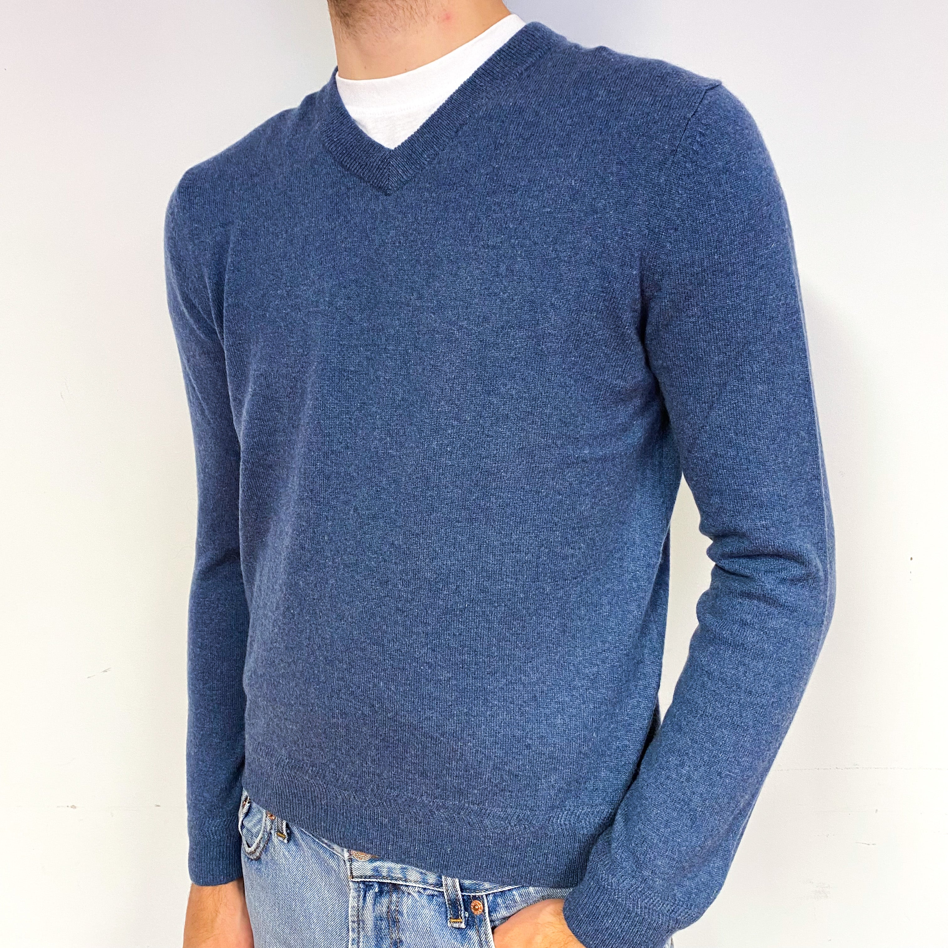 Men's Denim Blue Cashmere V-Neck Jumper Medium