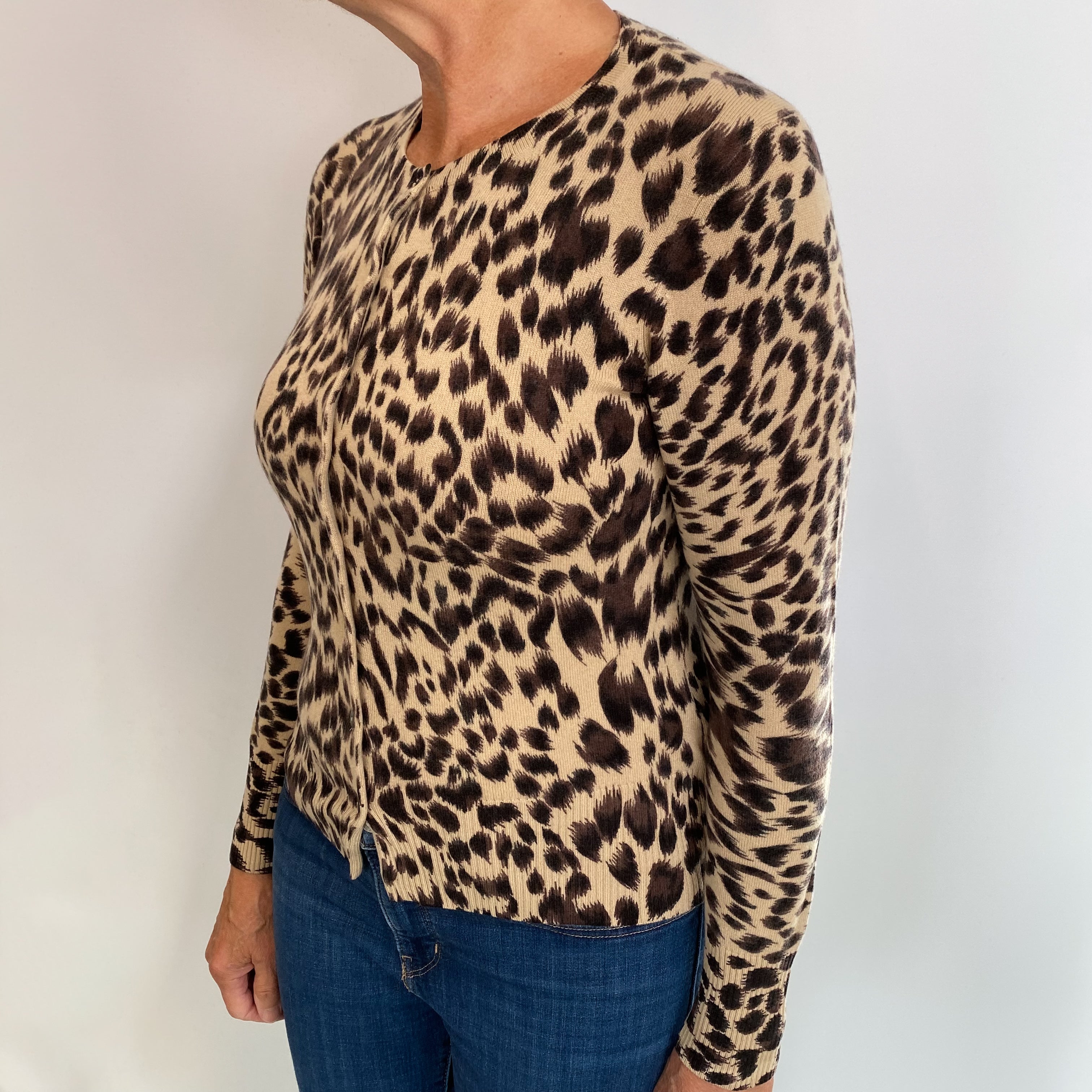 Brown Leopard Print Cashmere Crew Neck Cardigan Medium