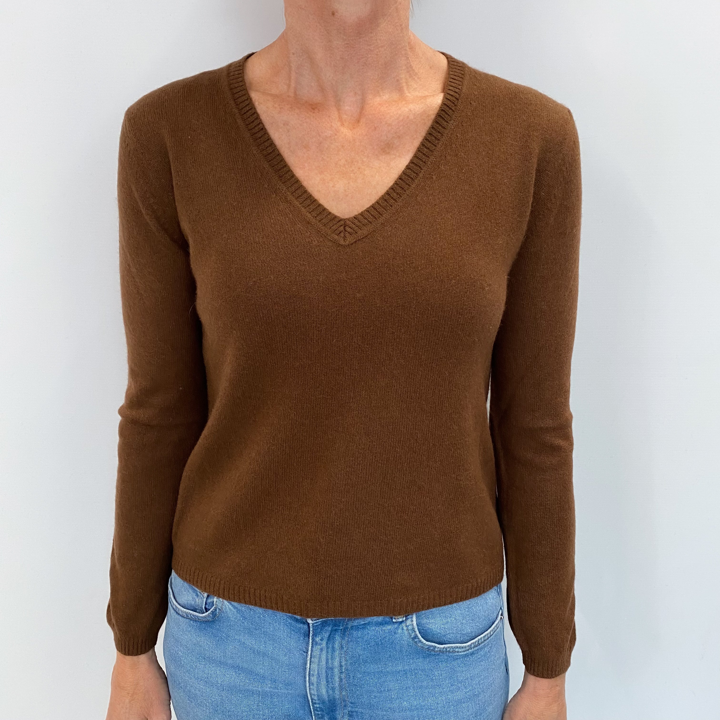 Chocolate Brown Cashmere V Neck Jumper Small
