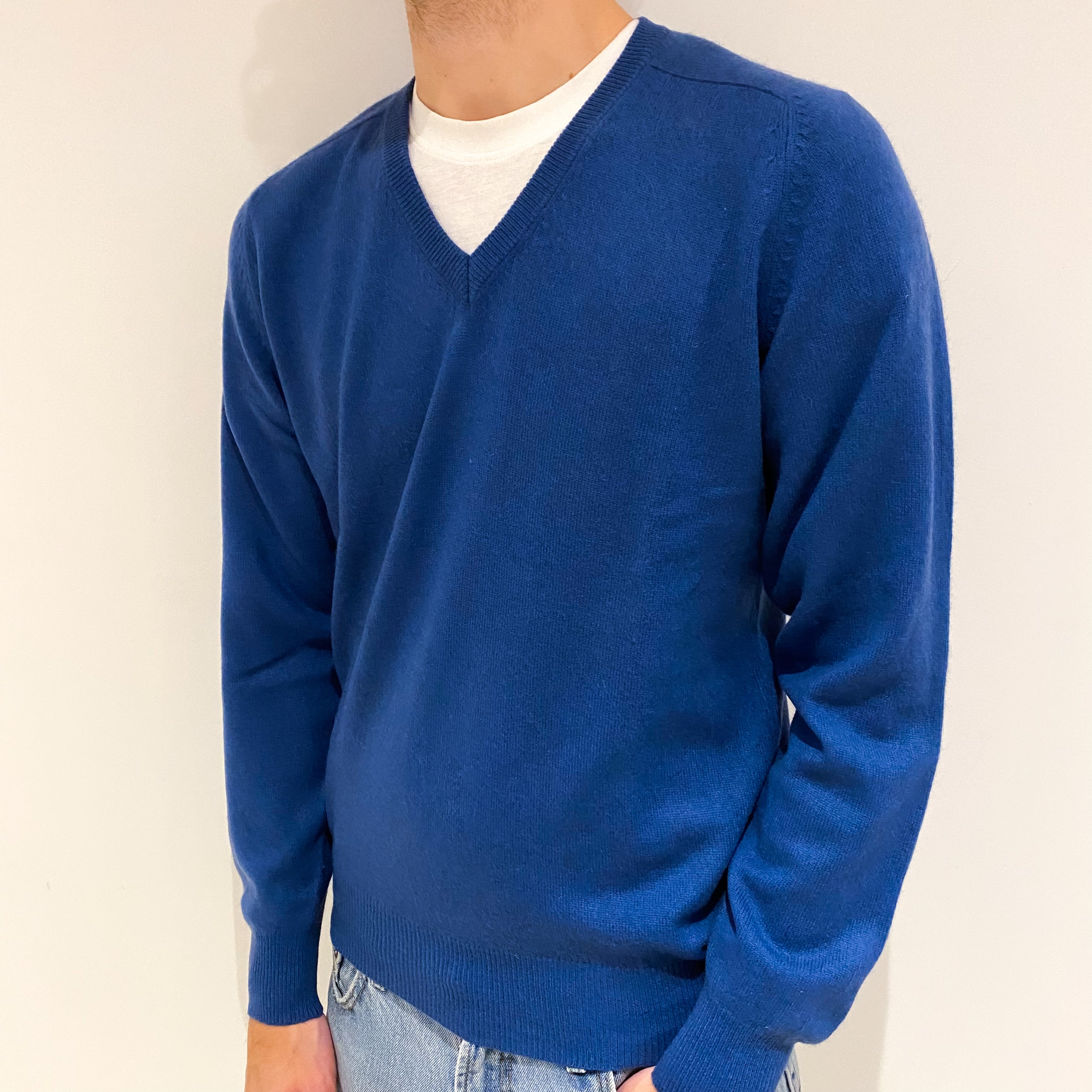 Men's Airforce Blue Cashmere V Neck Jumper Large