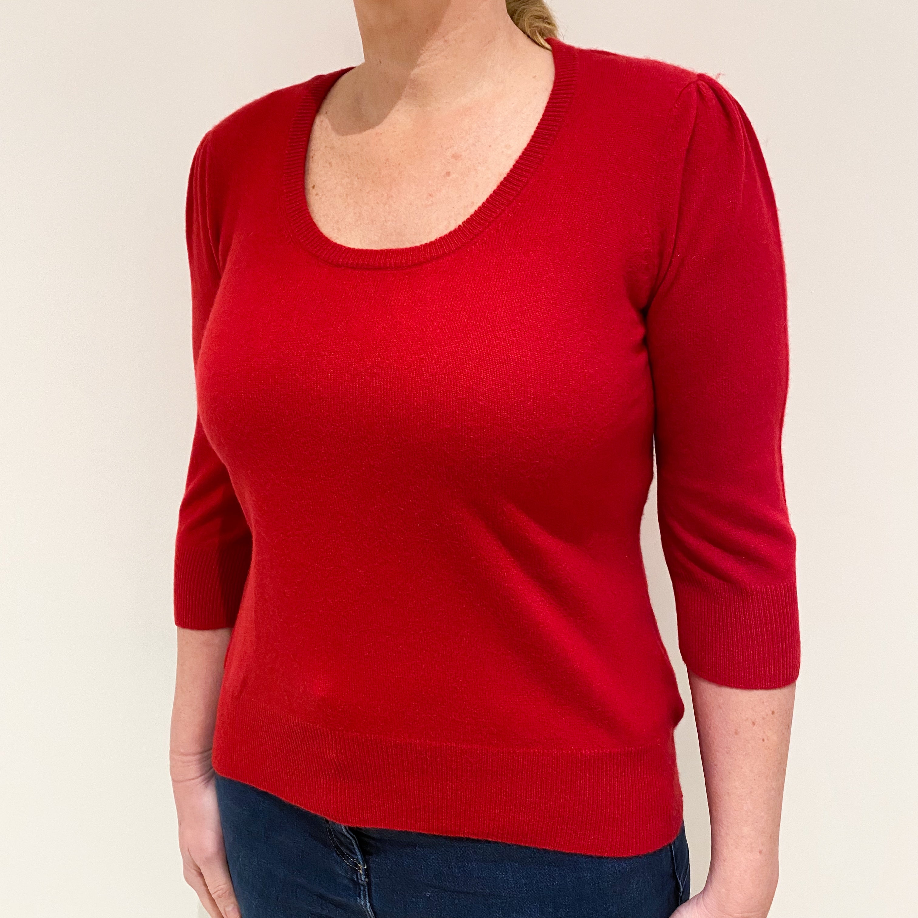 Berry Red Cashmere 3/4 Sleeve Scoop Neck Jumper Large