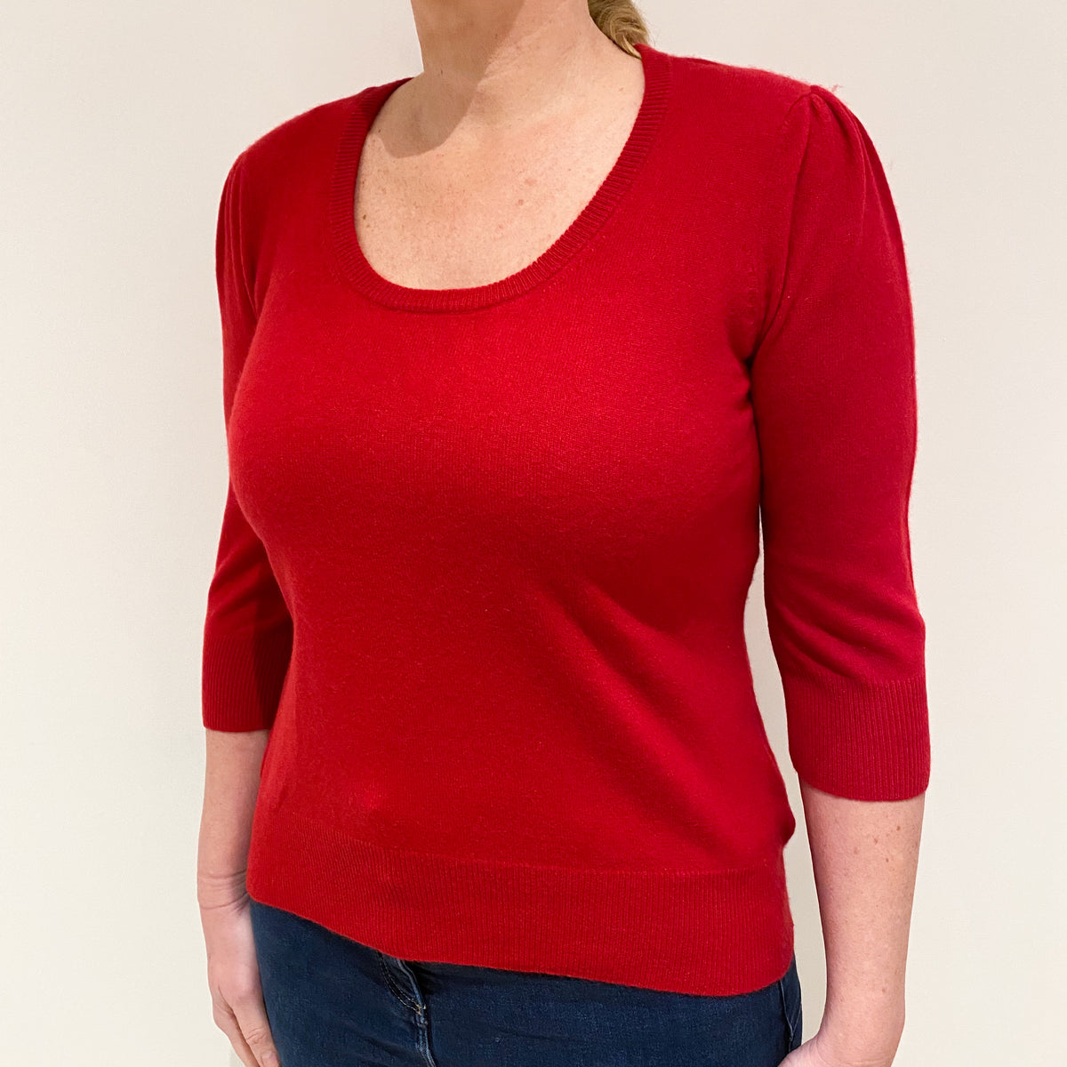 Berry Red Cashmere 3/4 Sleeve Scoop Neck Jumper Large