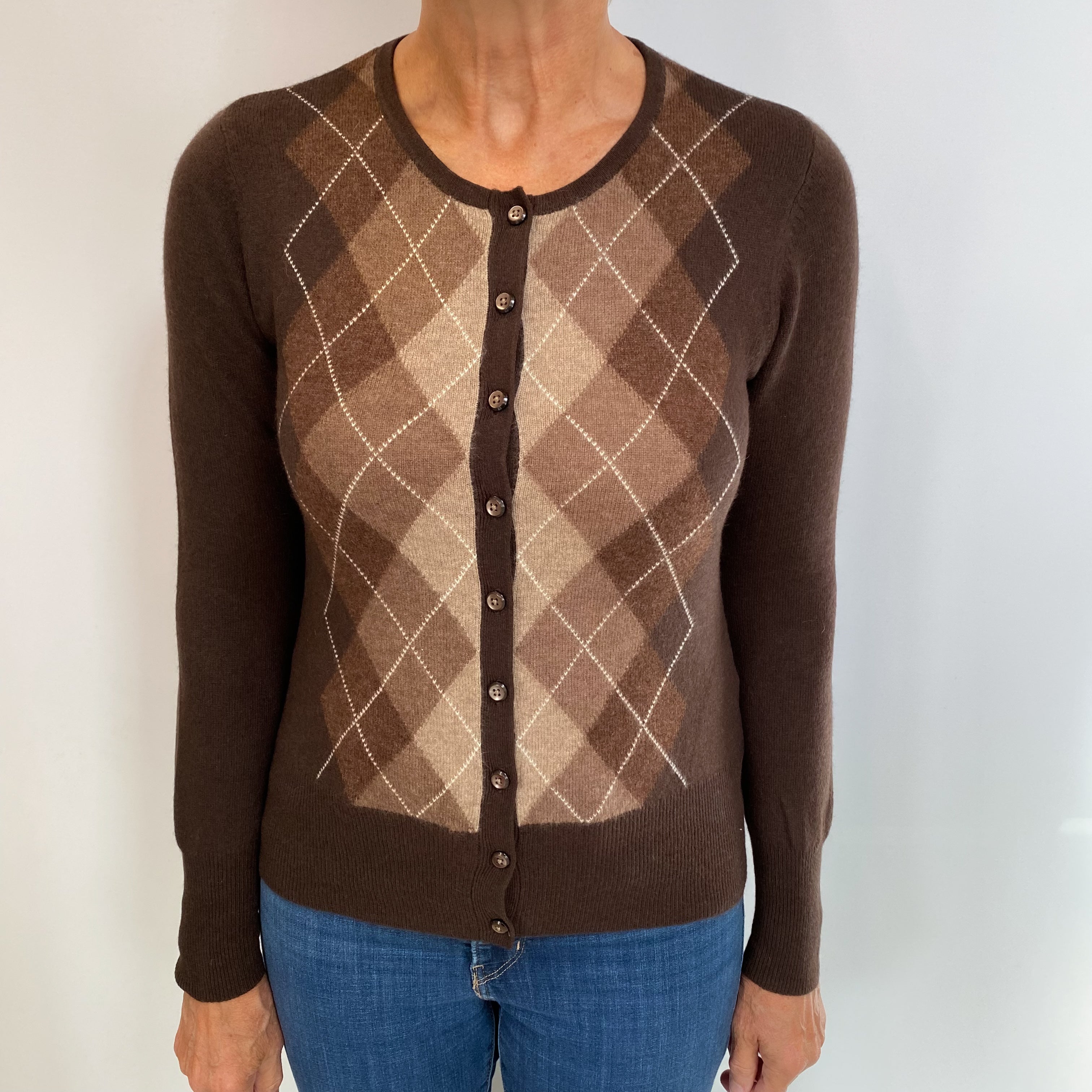 Brown Argyle Cashmere Crew Neck Cardigan Medium
