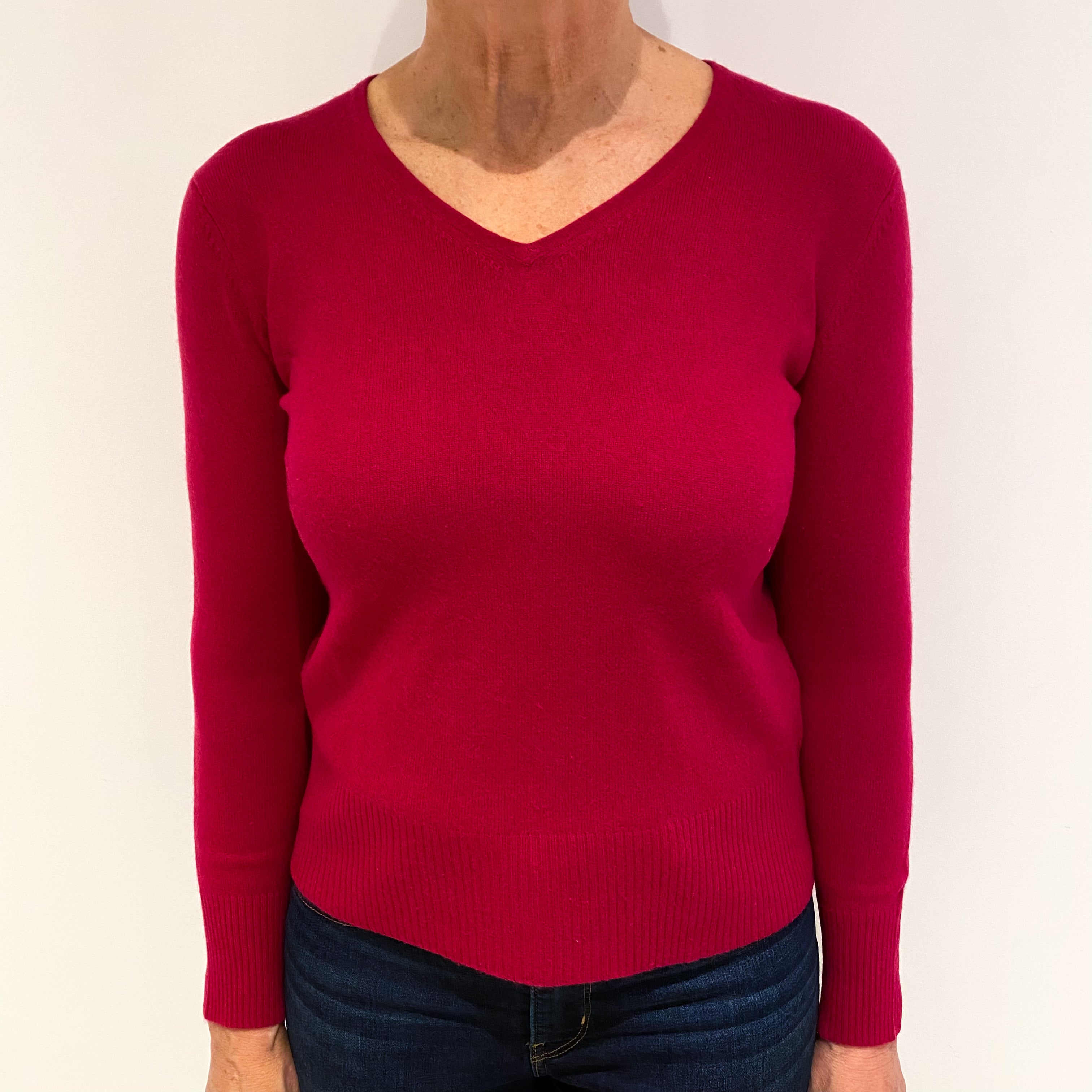 Cherry Red Cashmere V Neck Jumper Medium