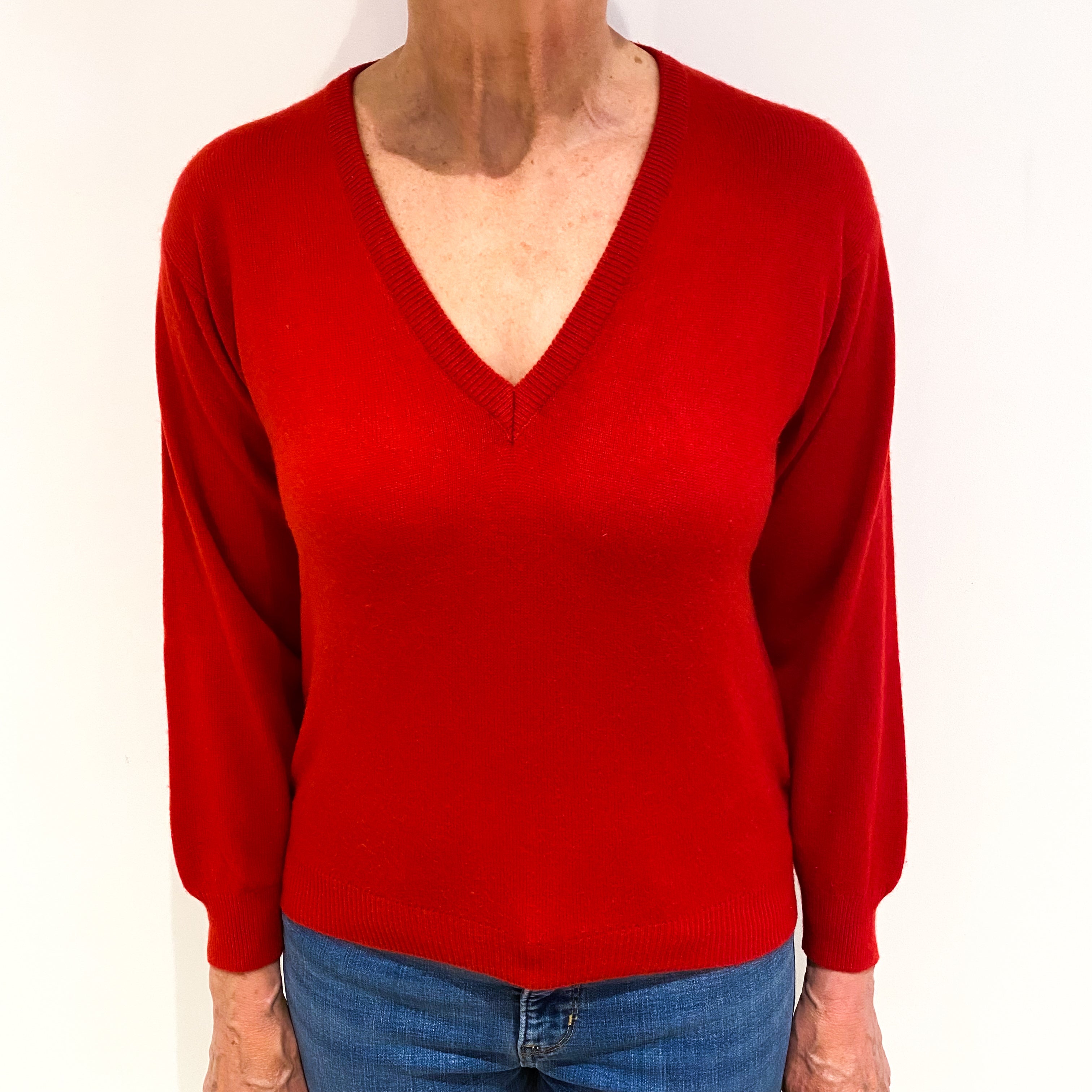 Scarlet Red Cashmere V Neck Jumper Medium