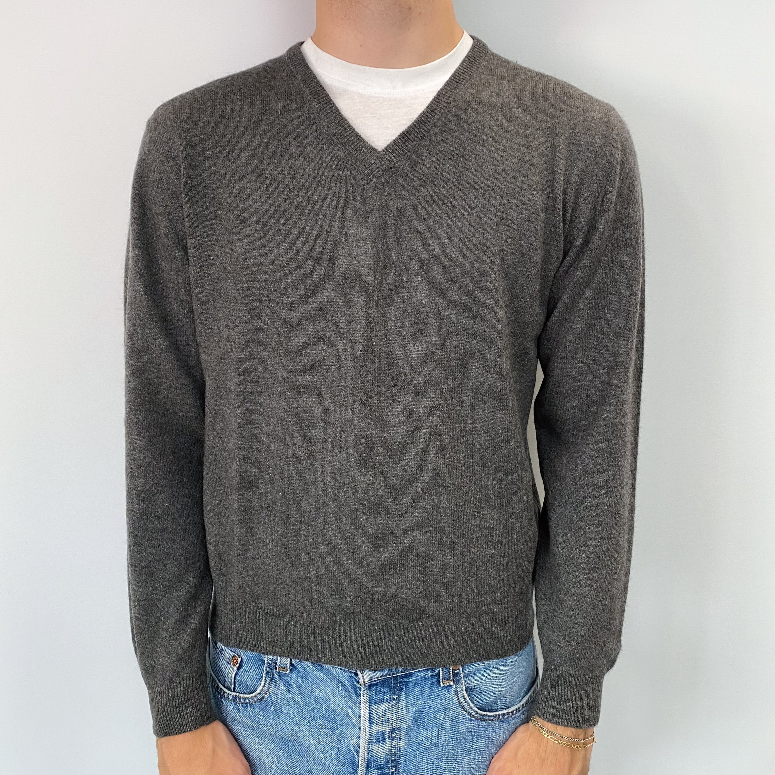 Men's Slate Grey Cashmere V Neck Jumper Large