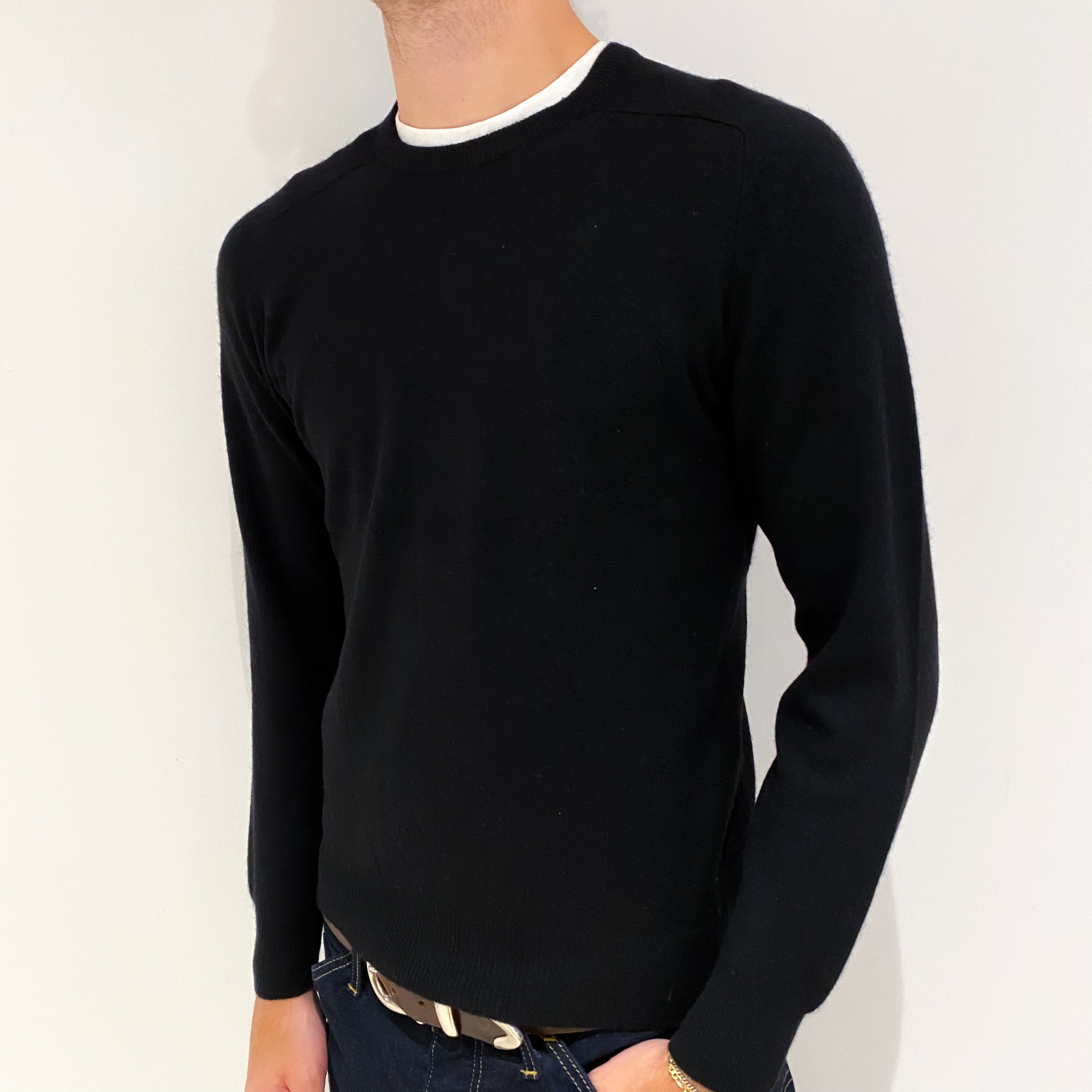 Men's Slim Black Cashmere Crew Neck Jumper Medium