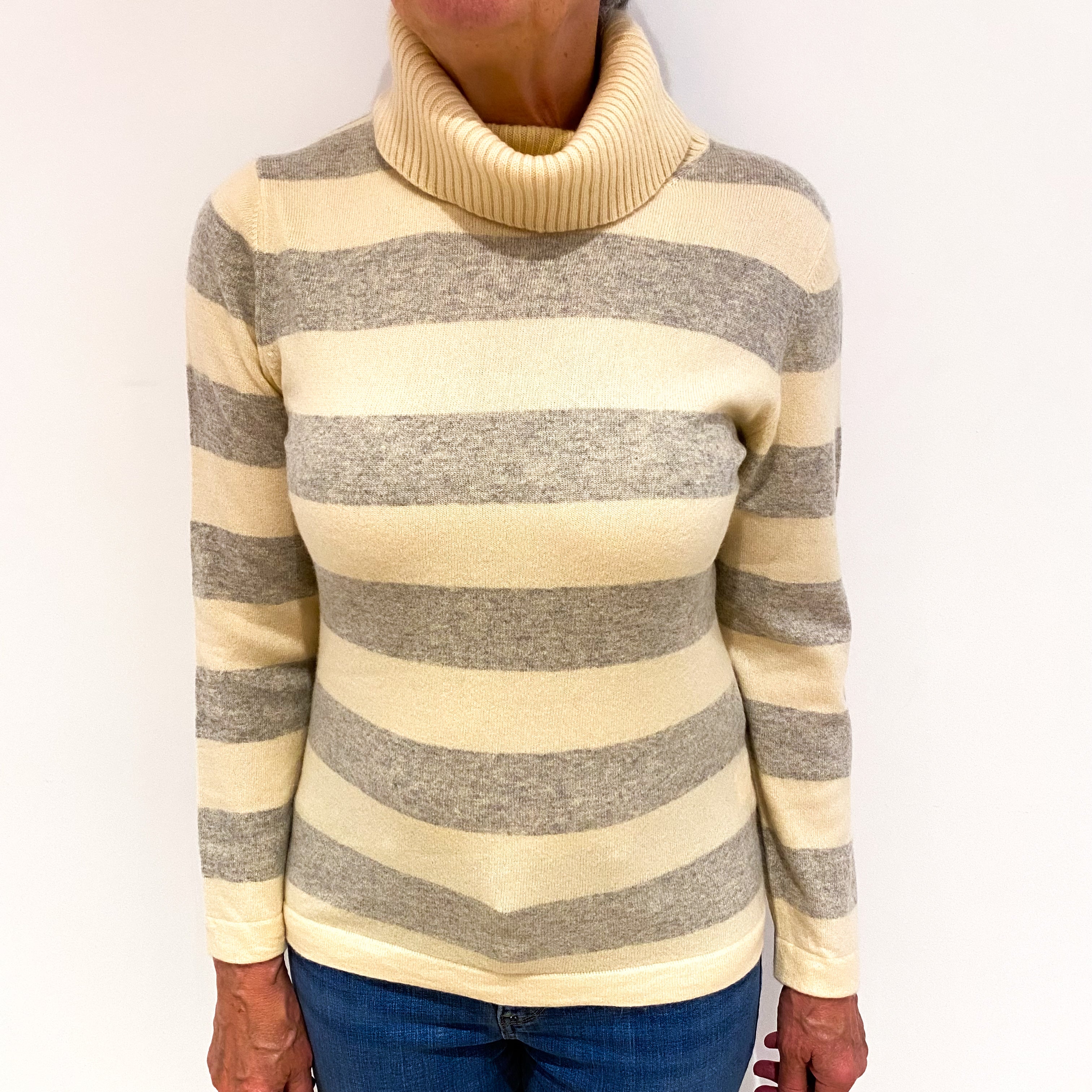 Cream And Grey Striped Cashmere Polo Neck Jumper Medium